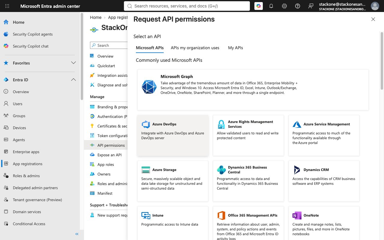 Request API permissions panel showing the Select an API step with Microsoft Graph listed under Commonly used Microsoft APIs.