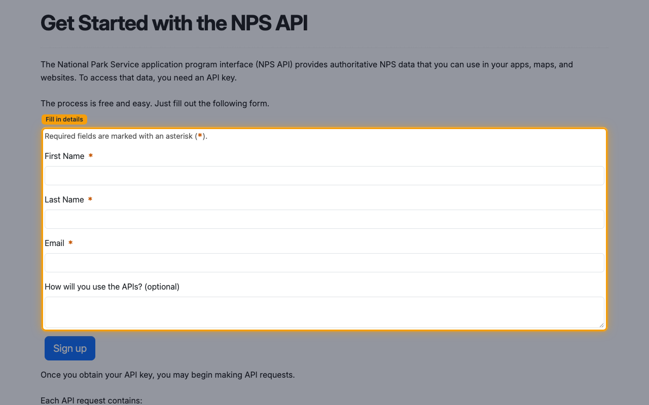 Get Started with the NPS API page with the sign-up form highlighted, showing the required First Name, Last Name and Email fields and the optional How will you use the APIs? field.