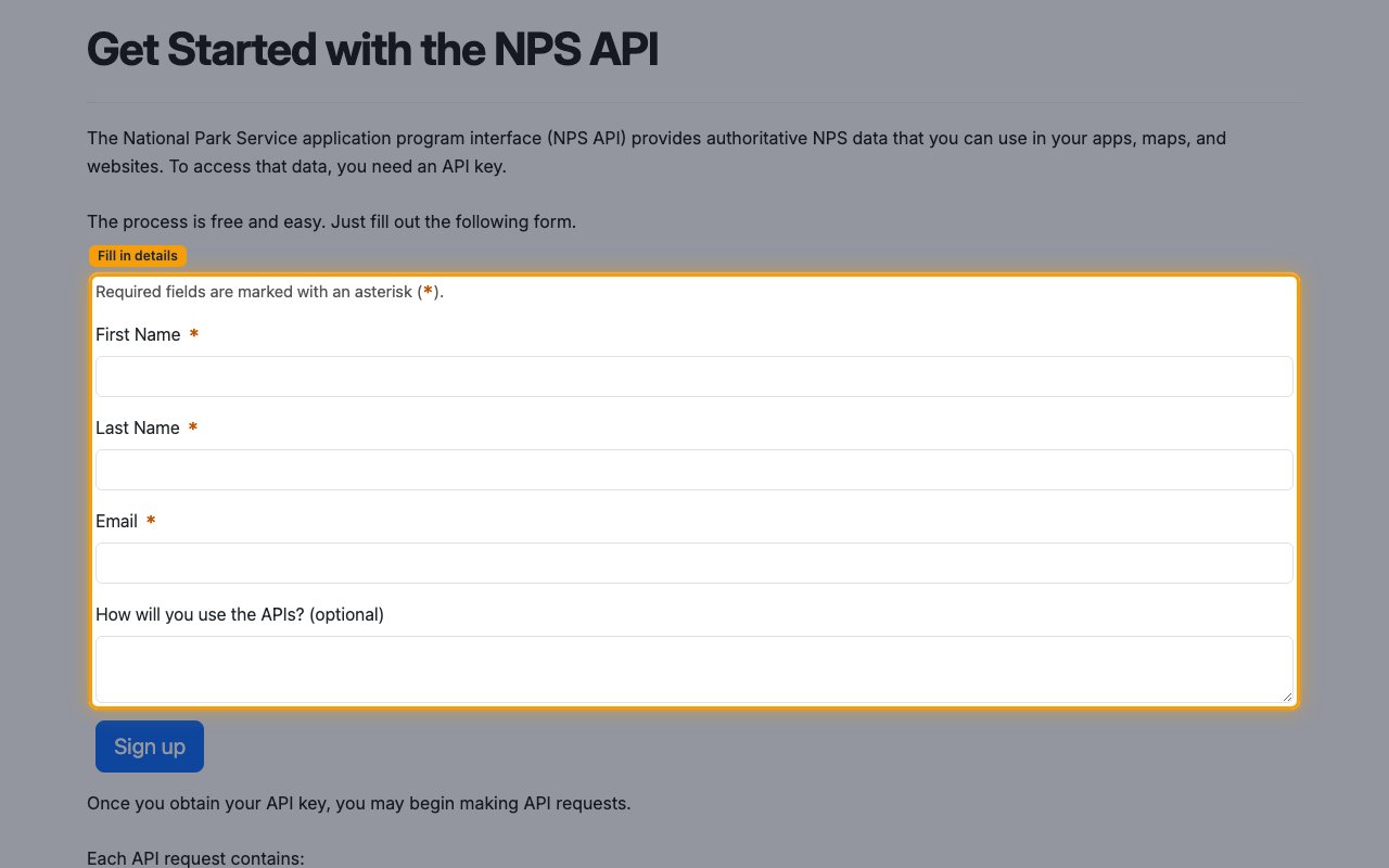 Get Started with the NPS API page with the sign-up form highlighted, showing the required First Name, Last Name and Email fields and the optional How will you use the APIs? field.