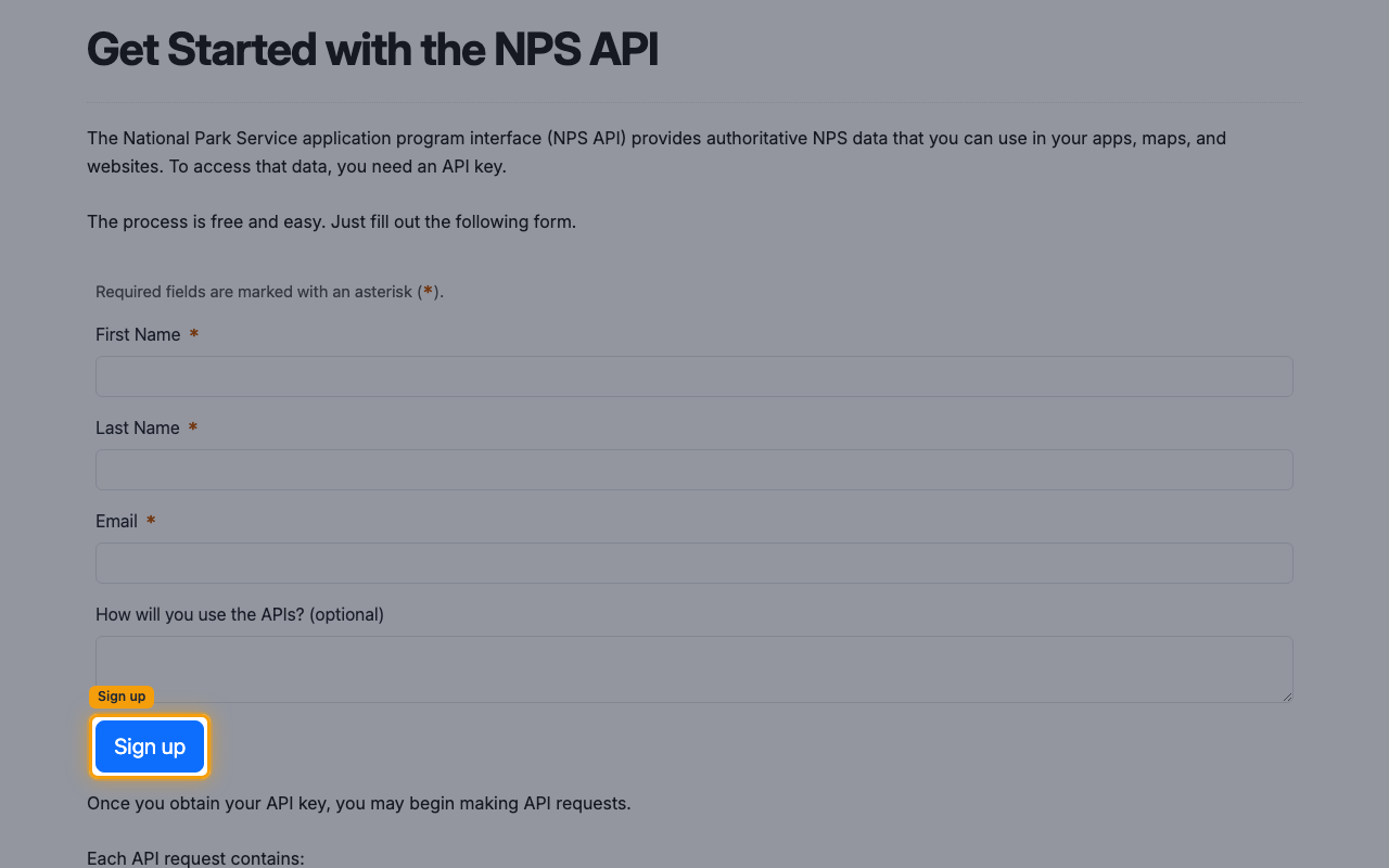 The NPS API sign-up form with the Sign up button highlighted below the form fields.