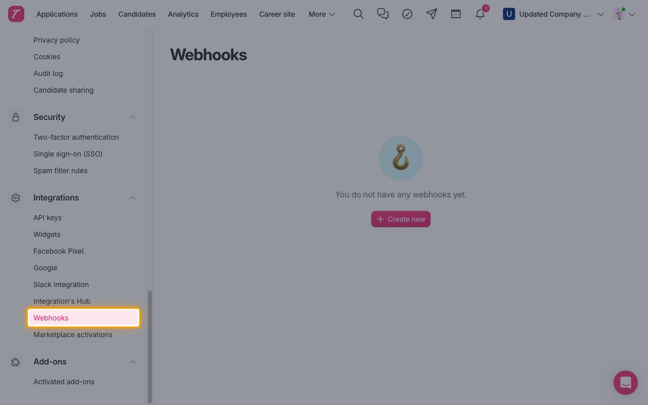 Teamtailor settings menu with Webhooks highlighted under Integrations.