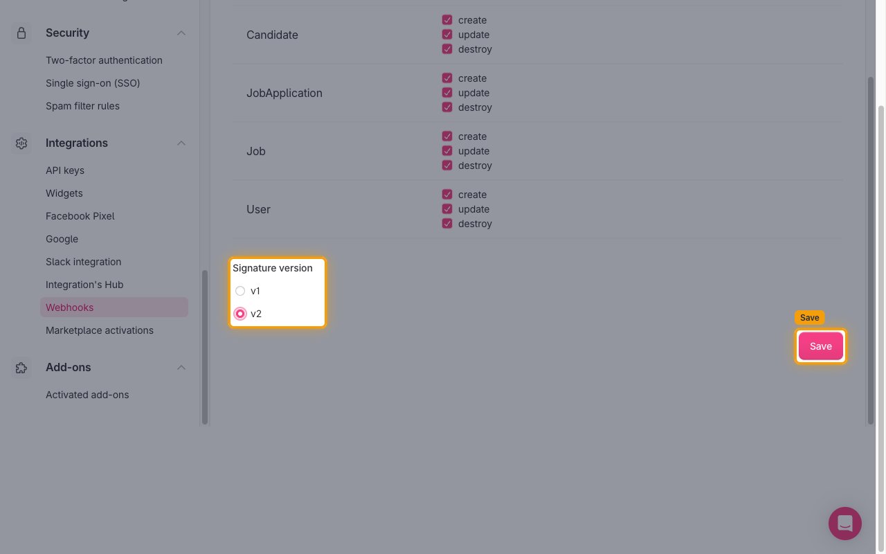 Signature version options with v2 selected and the Save button highlighted.