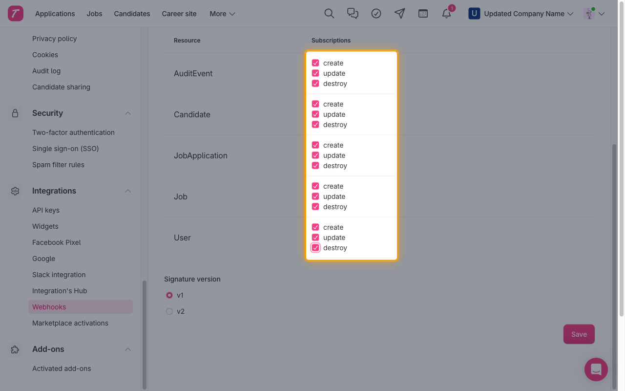 Subscriptions column of the New Webhook form with create, update and destroy ticked for every resource.