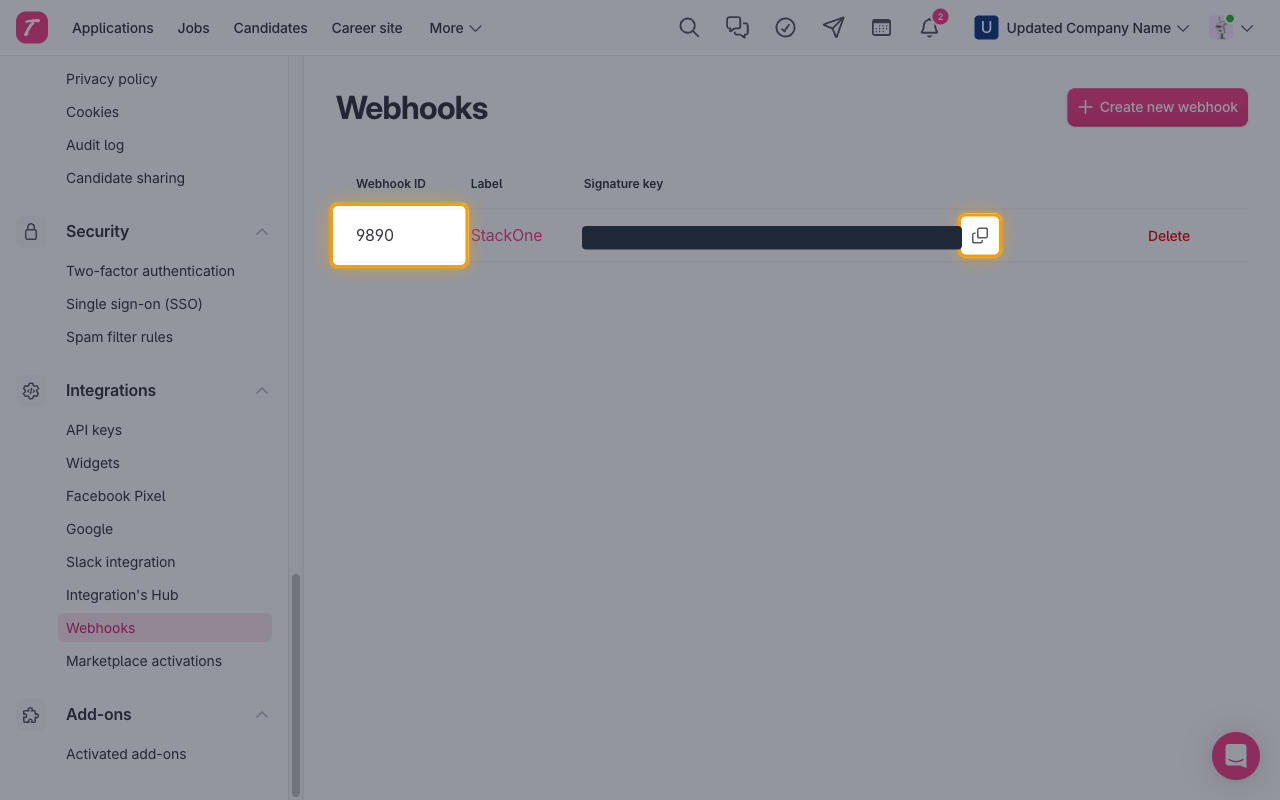 Teamtailor Webhooks list showing the new webhook with the Webhook ID and Copy signature key button highlighted and the key hidden.