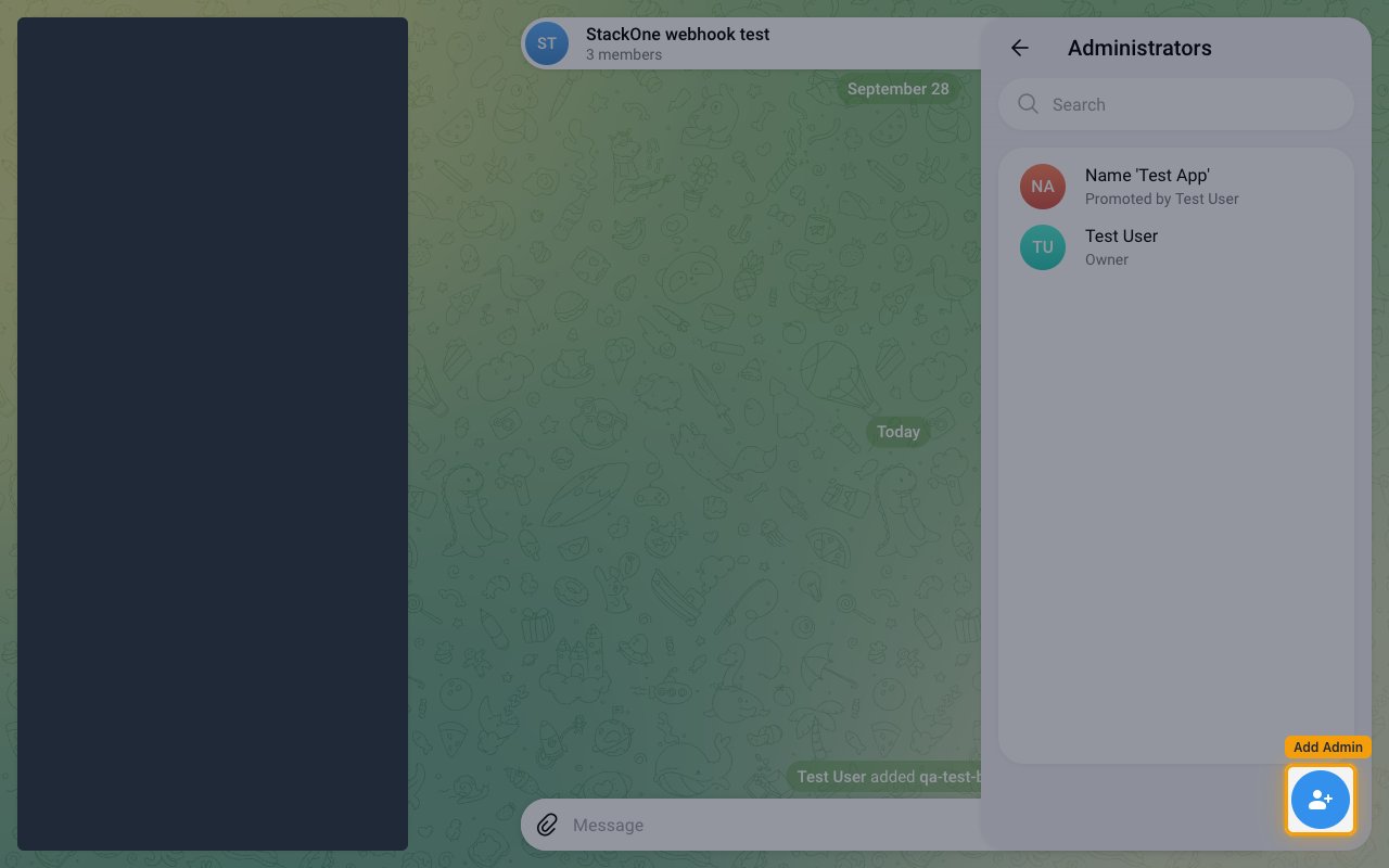 Group Administrators panel in Telegram Web with the add-admin button highlighted.