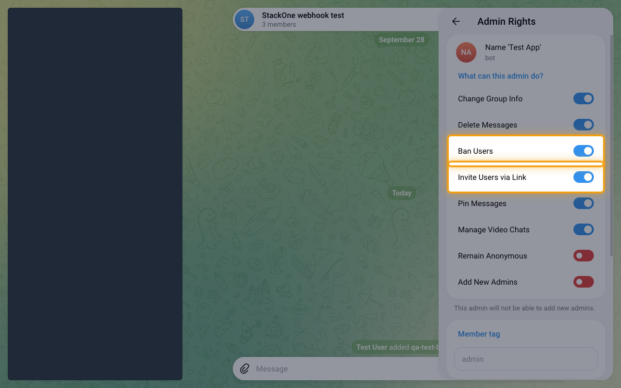 Admin Rights for the bot with the Ban Users and Invite Users via Link rows highlighted.