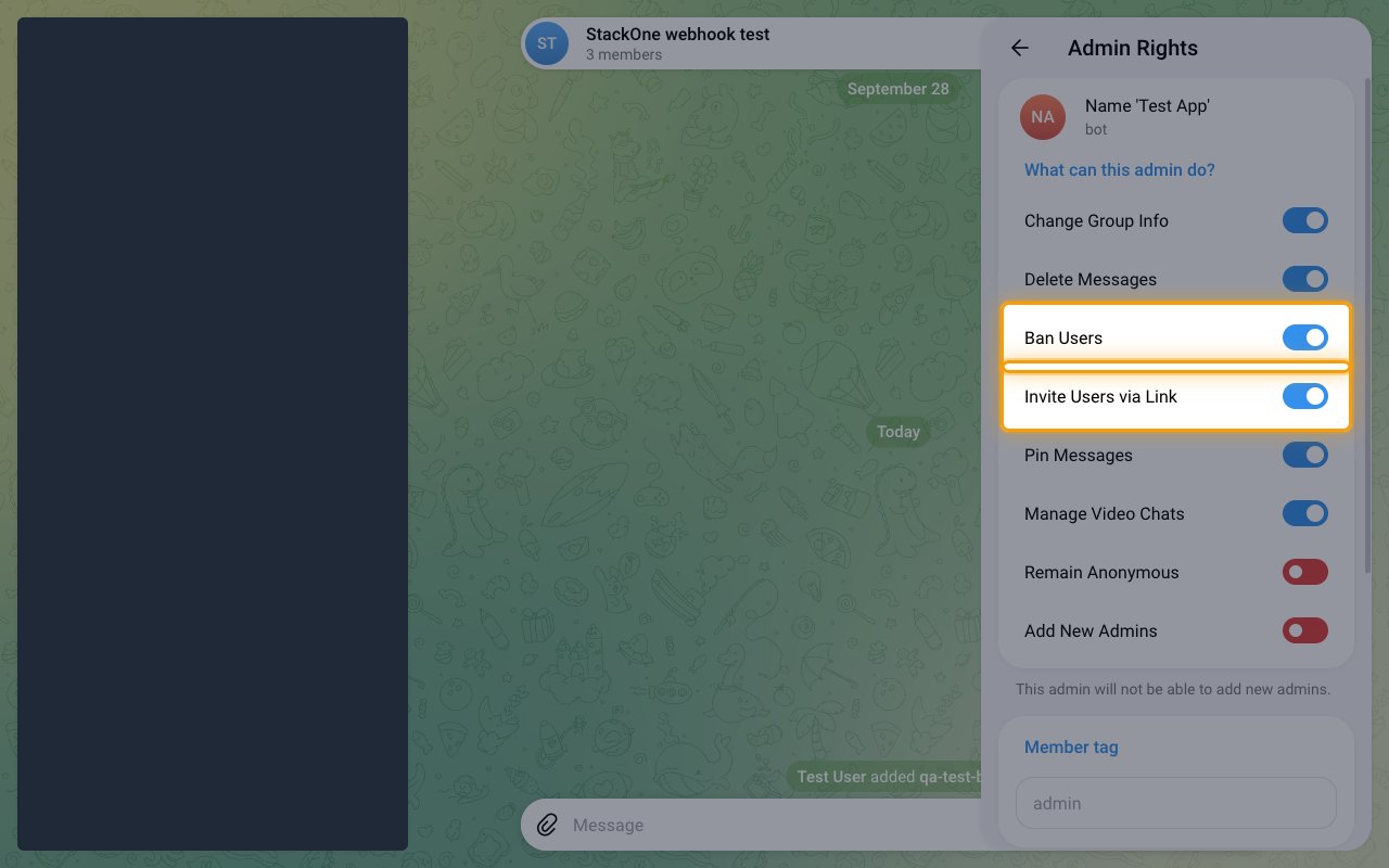 Admin Rights for the bot with the Ban Users and Invite Users via Link rows highlighted.