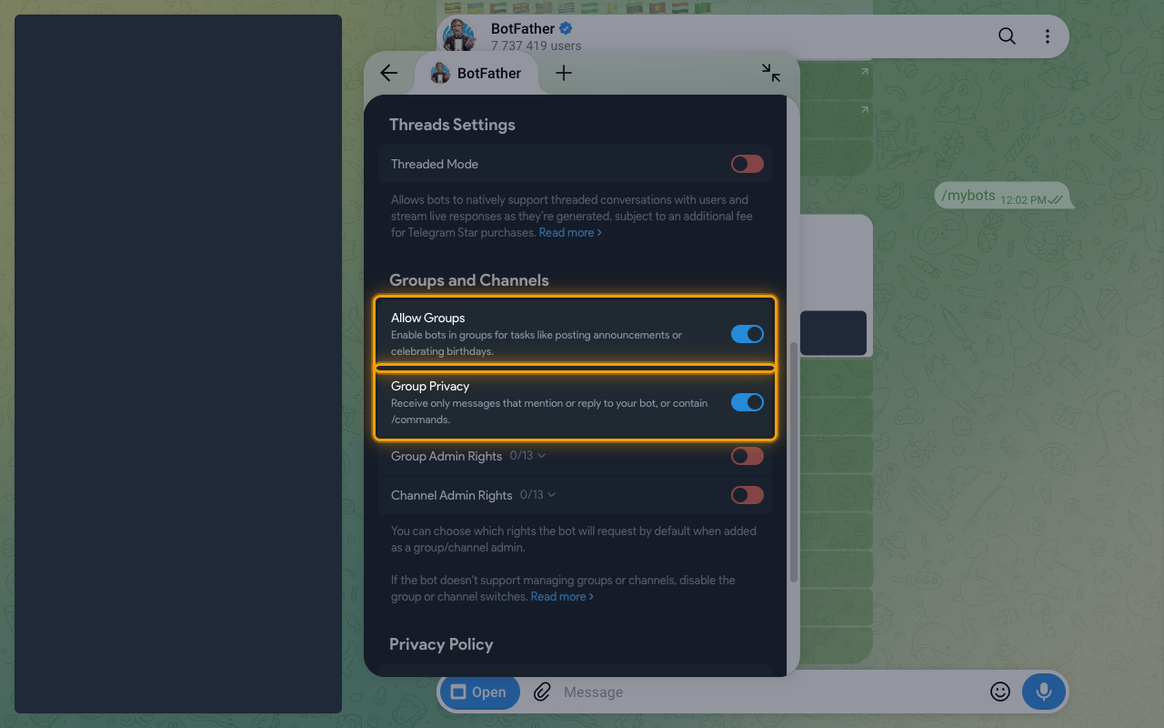 Groups and Channels settings with the Allow Groups and Group Privacy rows highlighted.