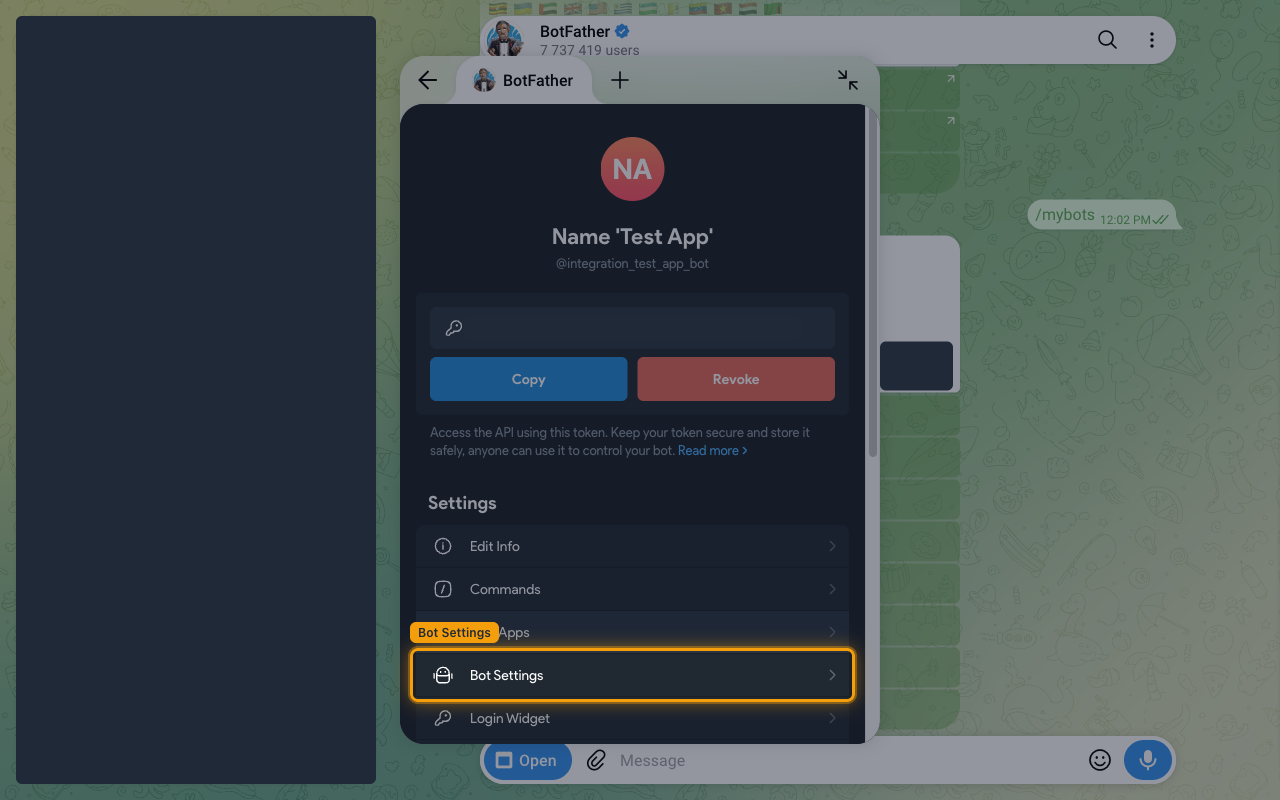 Bot page in the BotFather Mini App with the Bot Settings row highlighted and the token hidden.