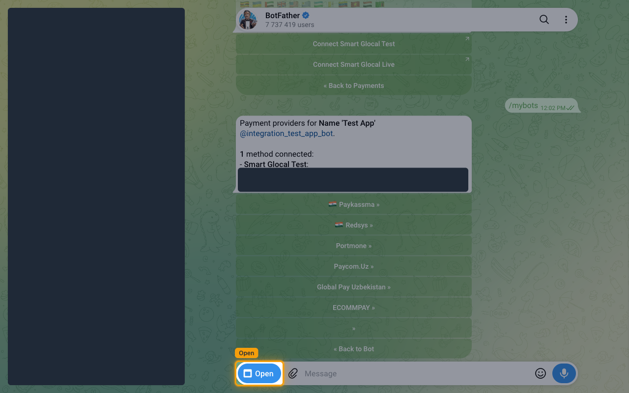 BotFather chat in Telegram Web with the Open button highlighted.