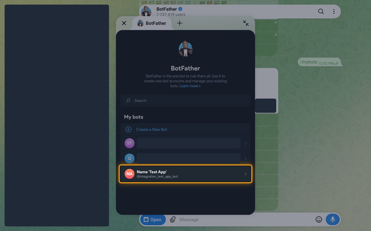 BotFather Mini App bot list with the connected bot highlighted under My bots.