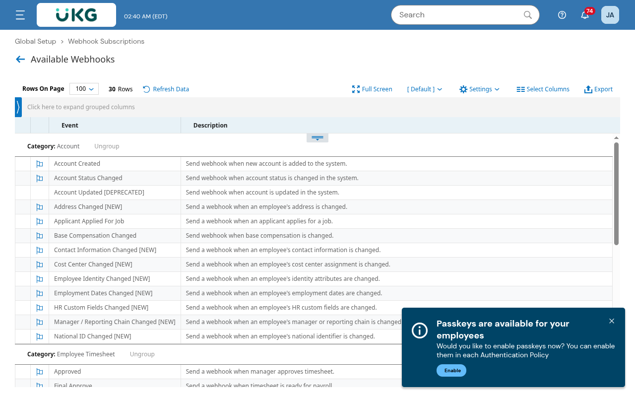 UKG Ready Available Webhooks catalog grouped by category