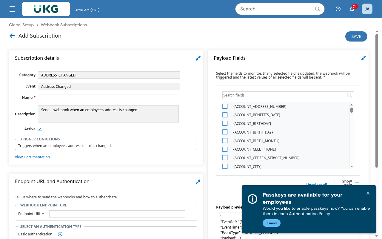 UKG Ready webhook subscription form showing Endpoint URL and authentication options