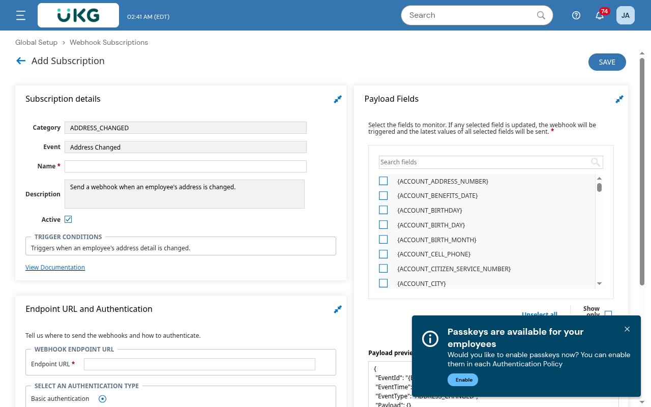 UKG Ready webhook subscription form showing Endpoint URL and authentication options