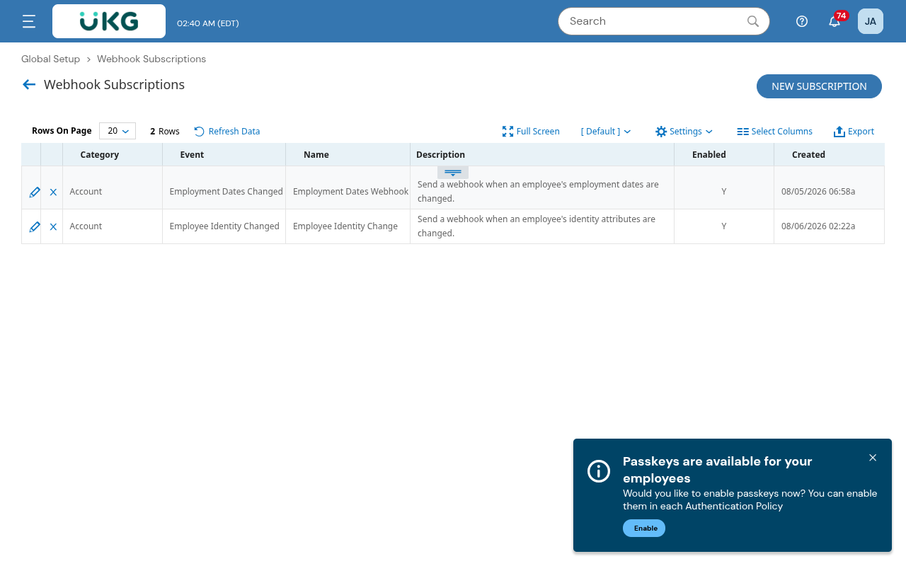 UKG Ready Webhook Subscriptions list with the New Subscription button