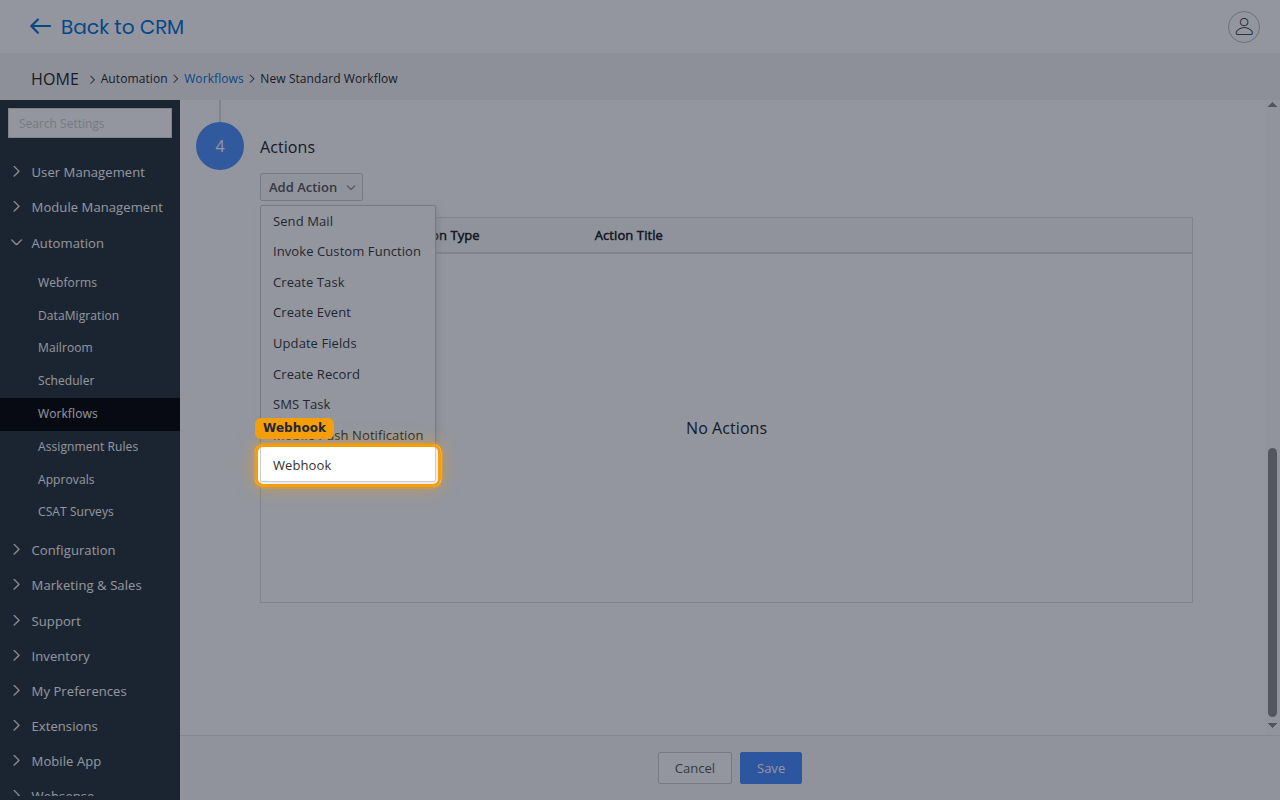 The Add Action menu with the Webhook option.