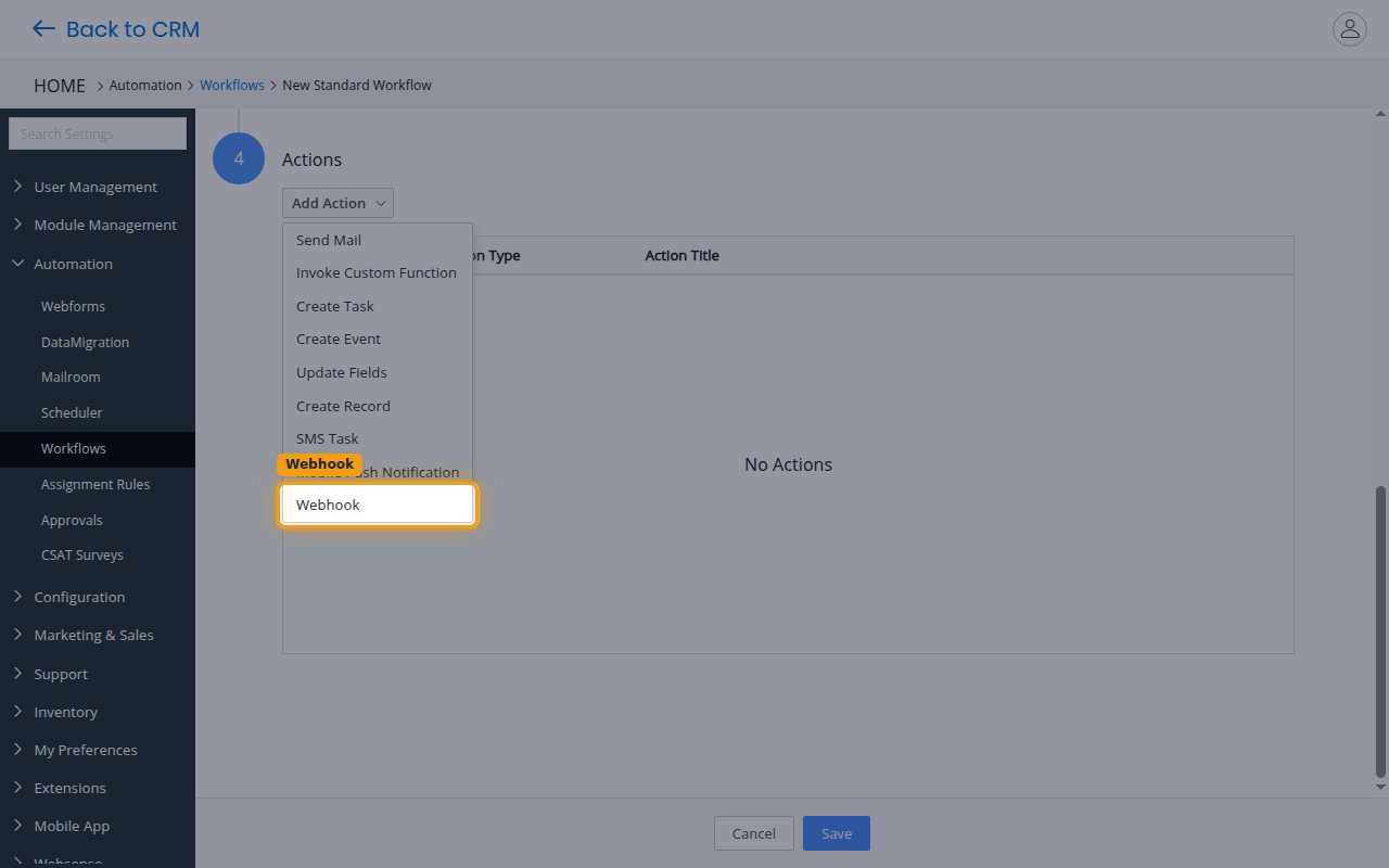 The Add Action menu with the Webhook option.