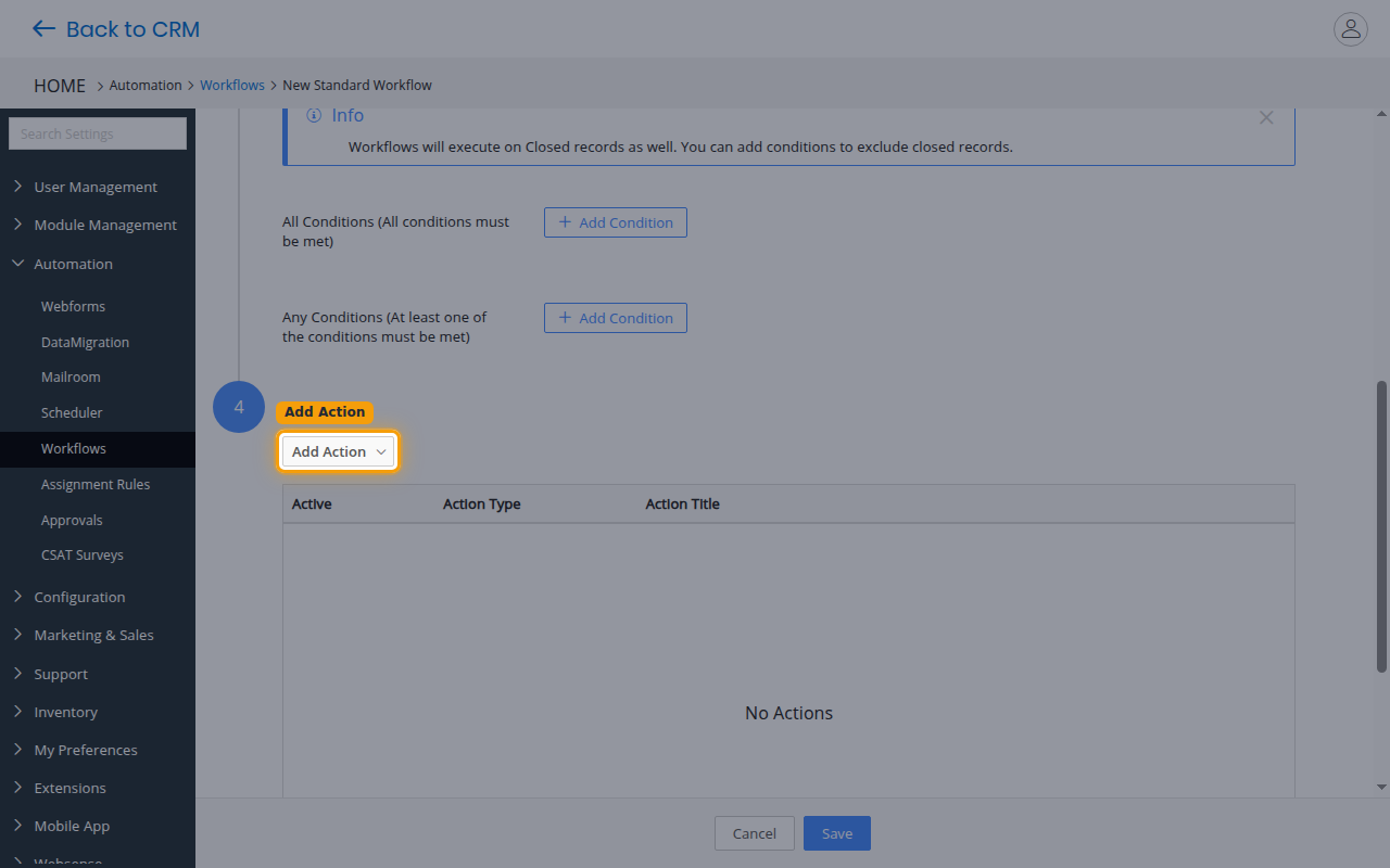The lower part of the new workflow form showing the All Conditions and Any Conditions sections and the highlighted Add Action button.