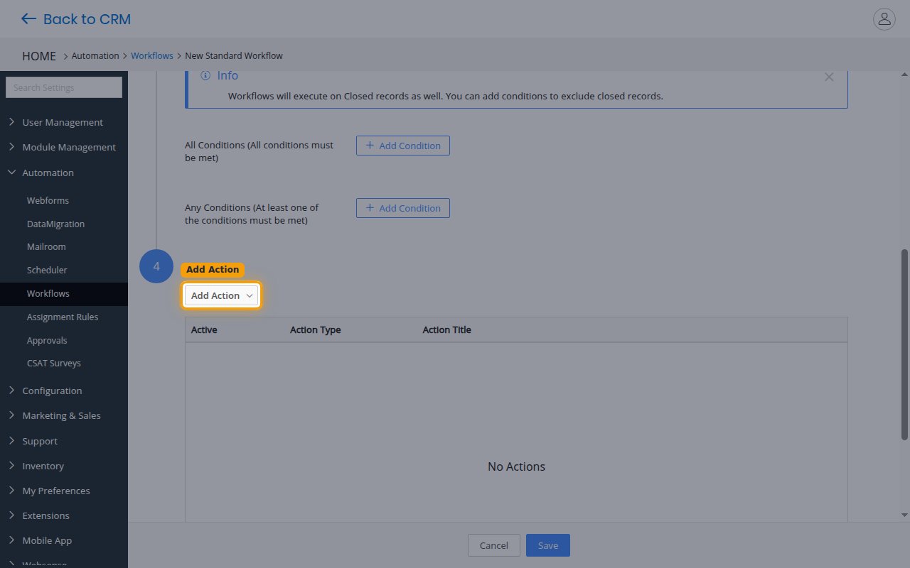 The lower part of the new workflow form showing the All Conditions and Any Conditions sections and the highlighted Add Action button.