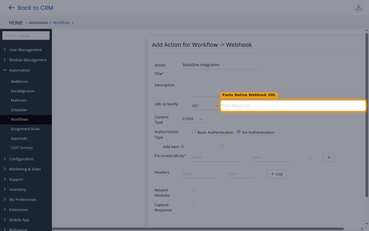 The Webhook action form with the URL to Notify field where the Native Webhook URL is pasted.