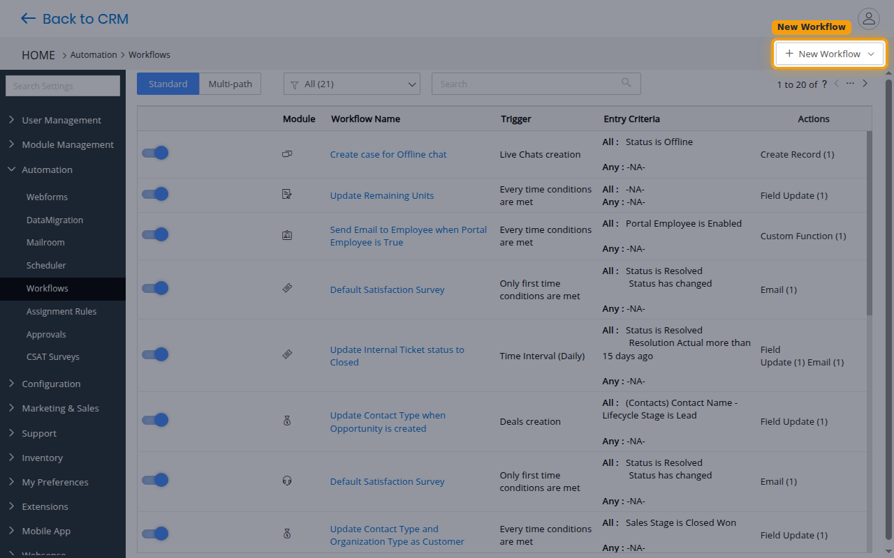 The Workflows list under Settings Automation with the New Workflow button.