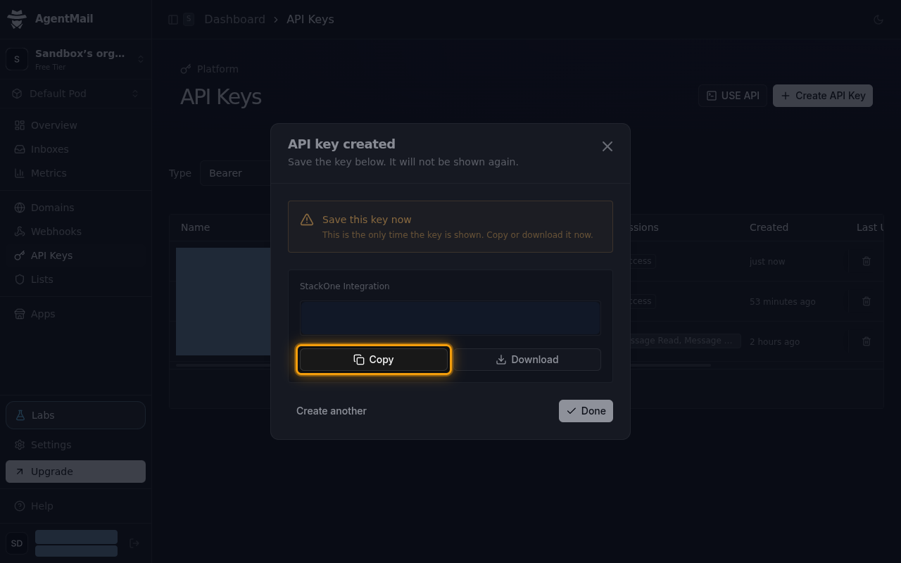 The API key created dialog with the Copy button highlighted and the key value hidden