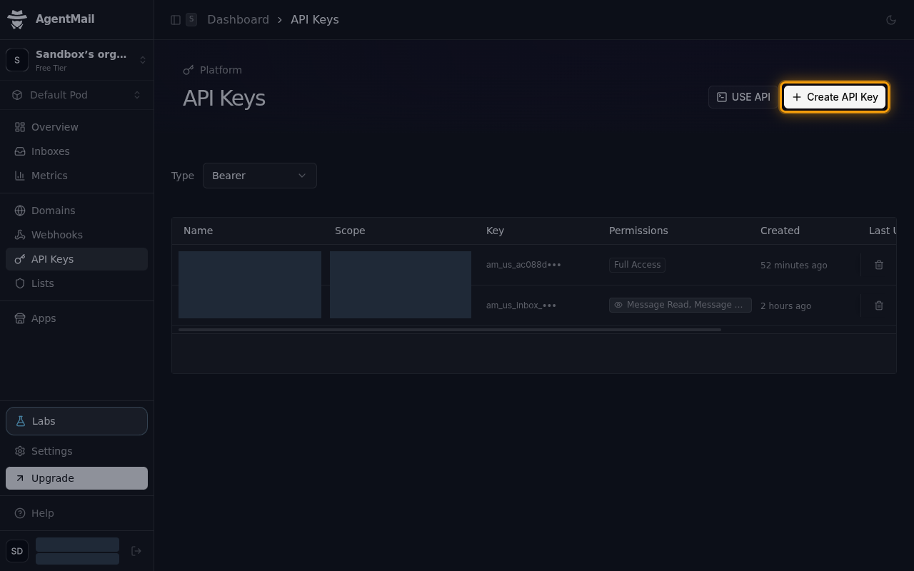 The API Keys page with the Create API Key button highlighted