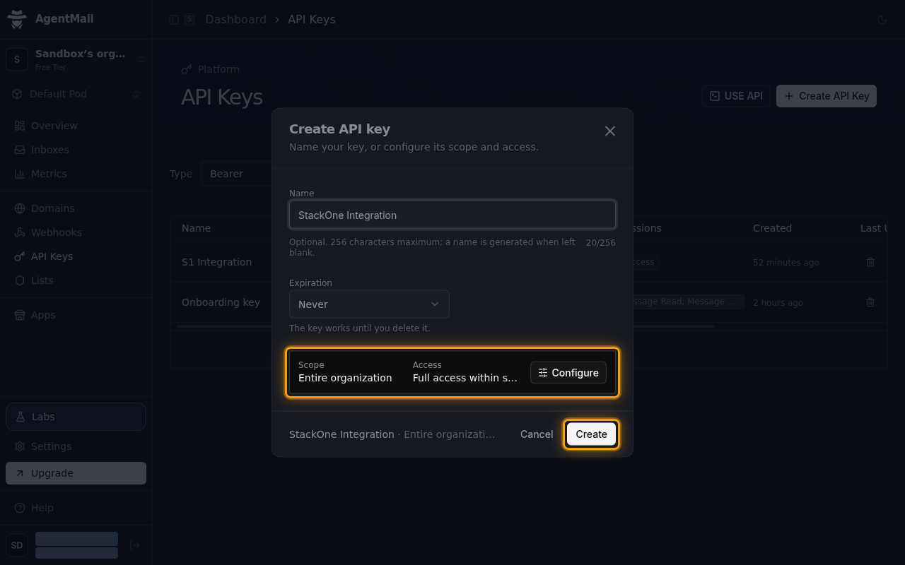 The Create API key dialog with the Scope and Access summary and the Create button highlighted