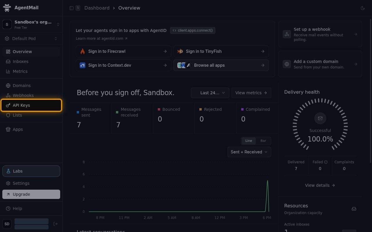 The AgentMail Console dashboard with API Keys highlighted in the sidebar