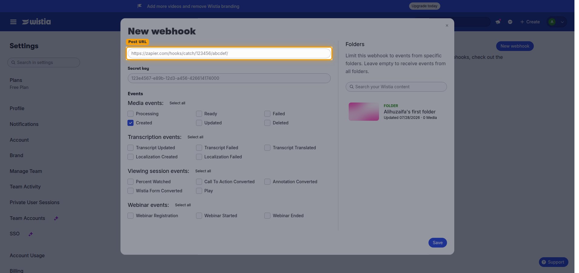 The New webhook form showing the Post URL and Secret key fields and the event checkboxes.