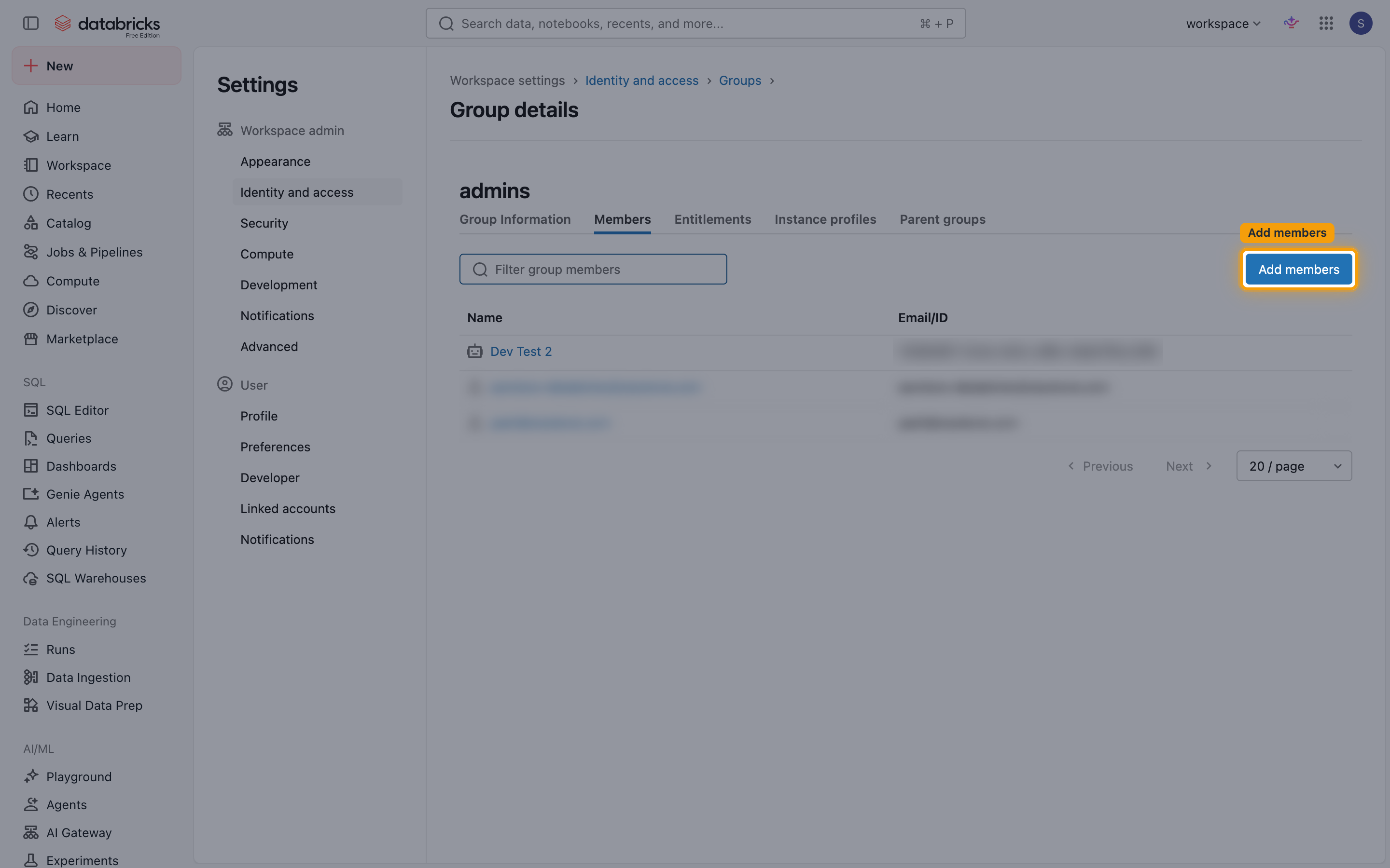 The admins group Members tab with the Add members button highlighted