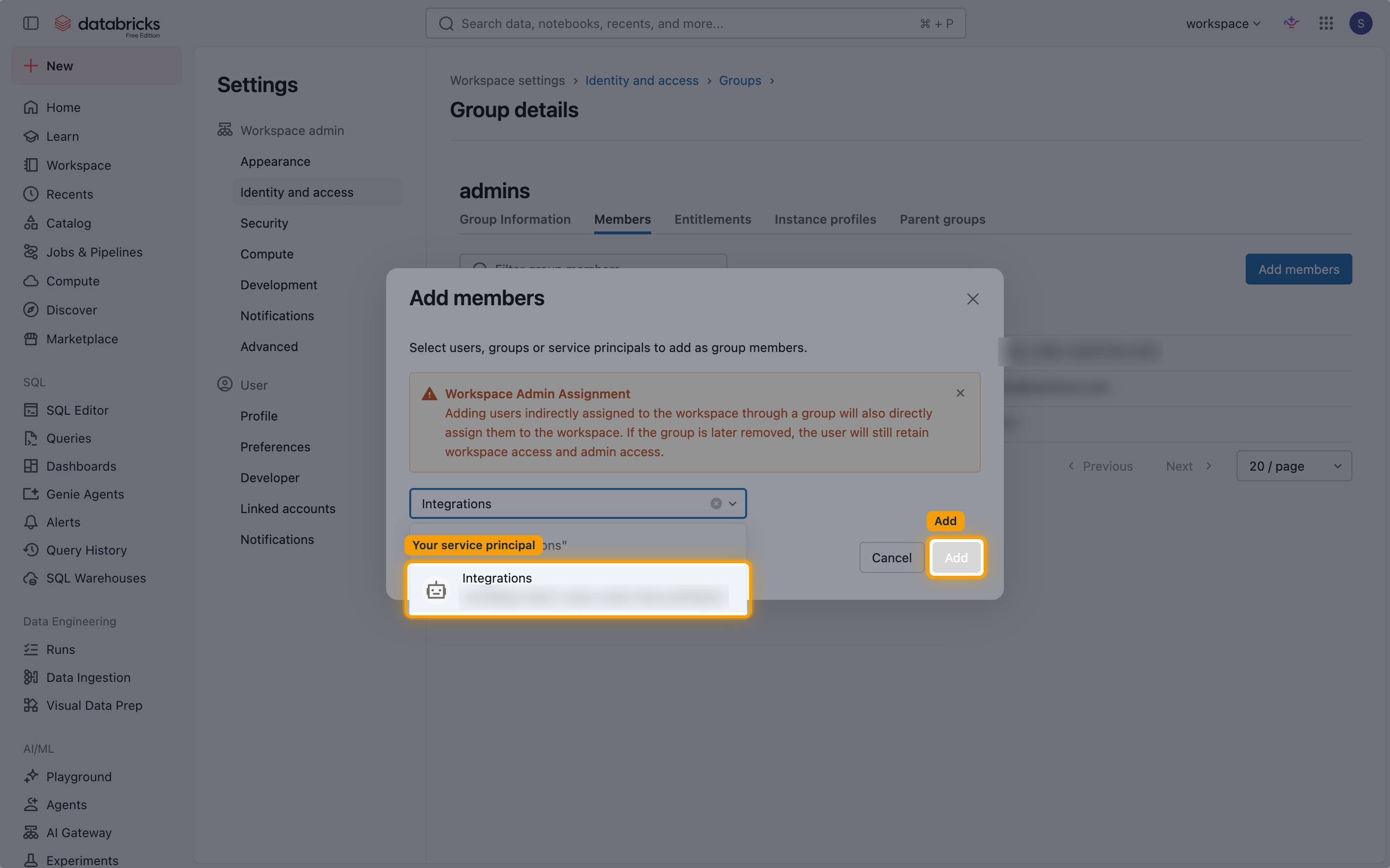 Add members dialog with a service principal selected and the Add button highlighted