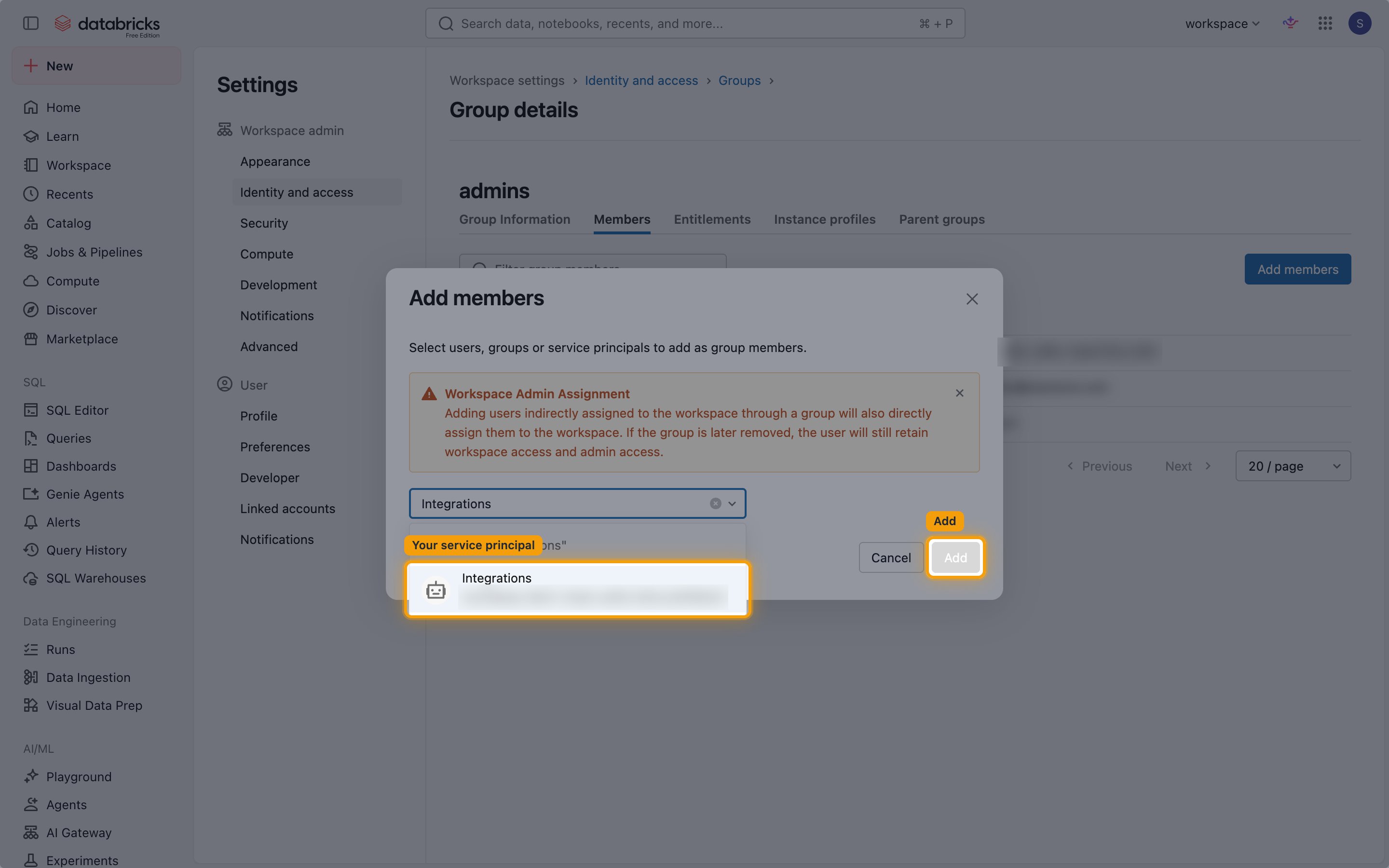 Add members dialog with a service principal selected and the Add button highlighted