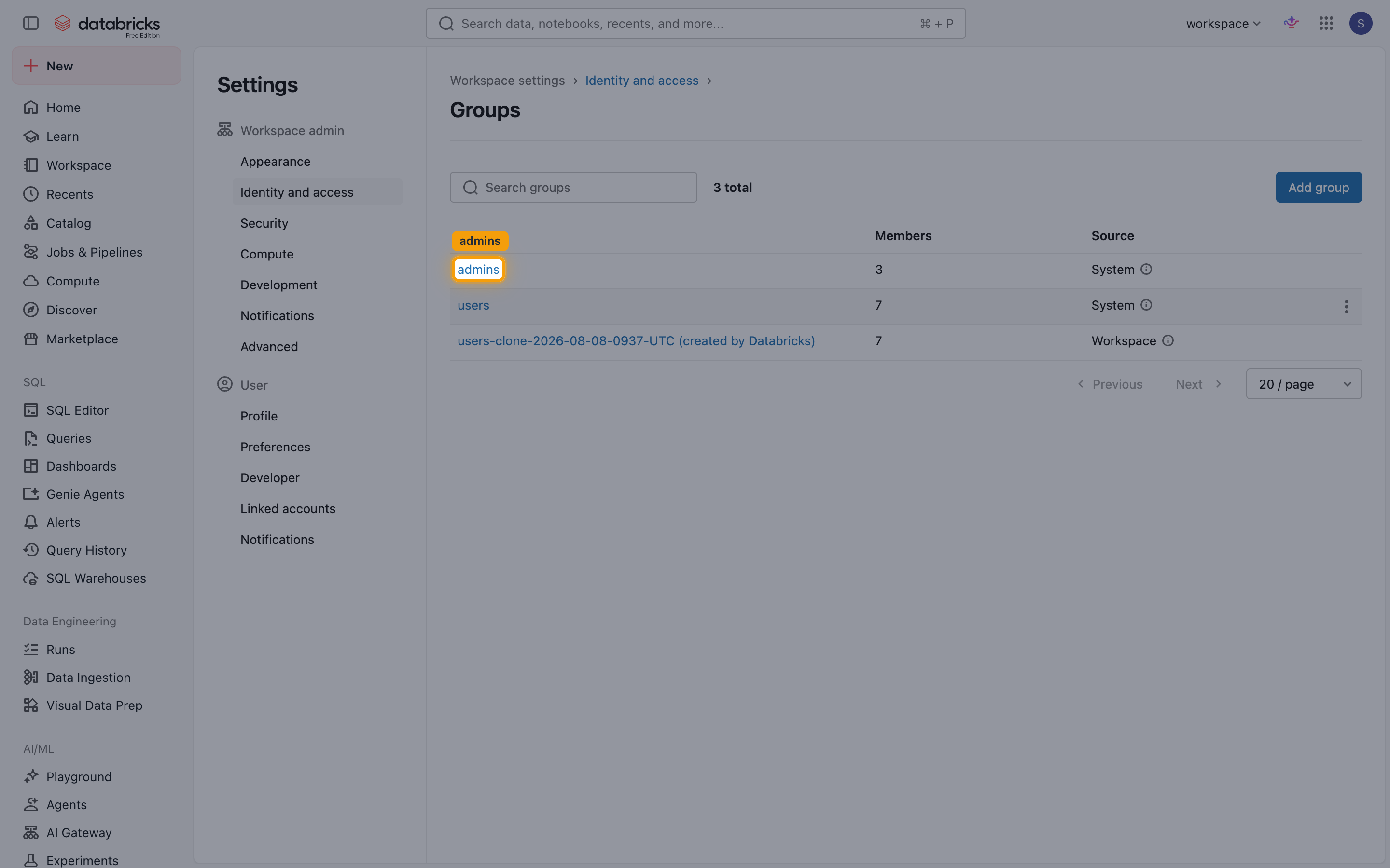 Groups list with the admins group highlighted