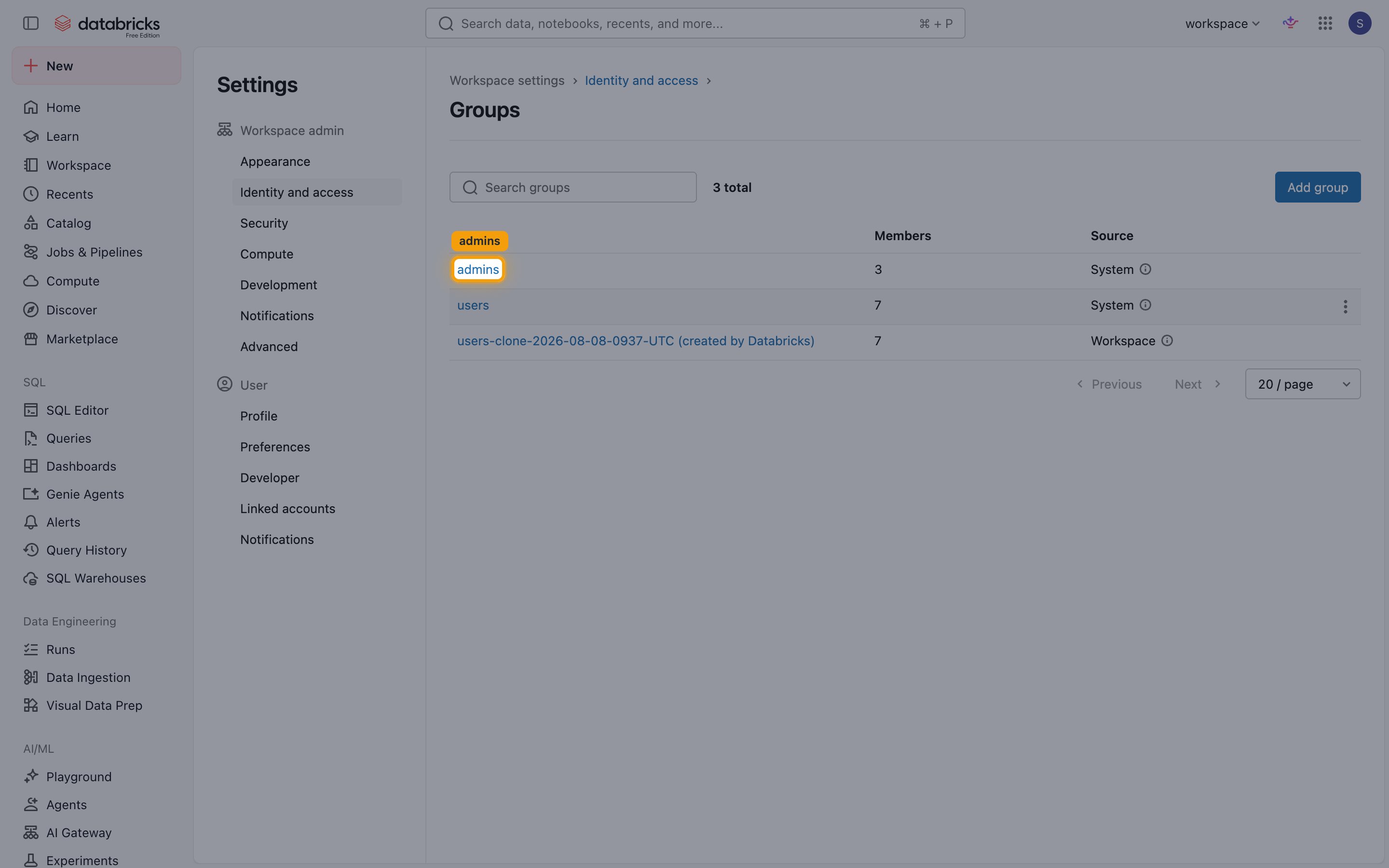 Groups list with the admins group highlighted