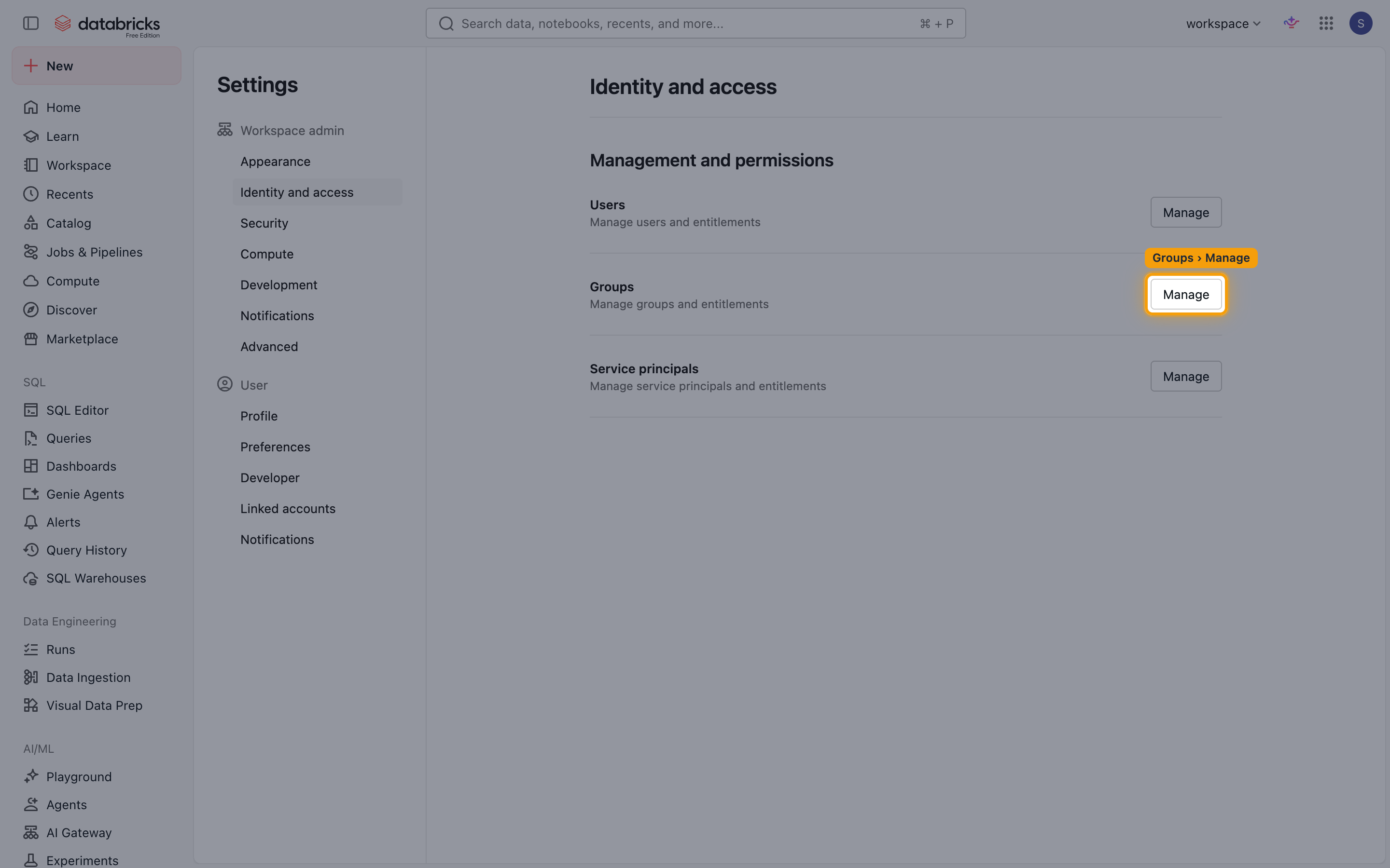 Identity and access settings with the Manage button for Groups highlighted