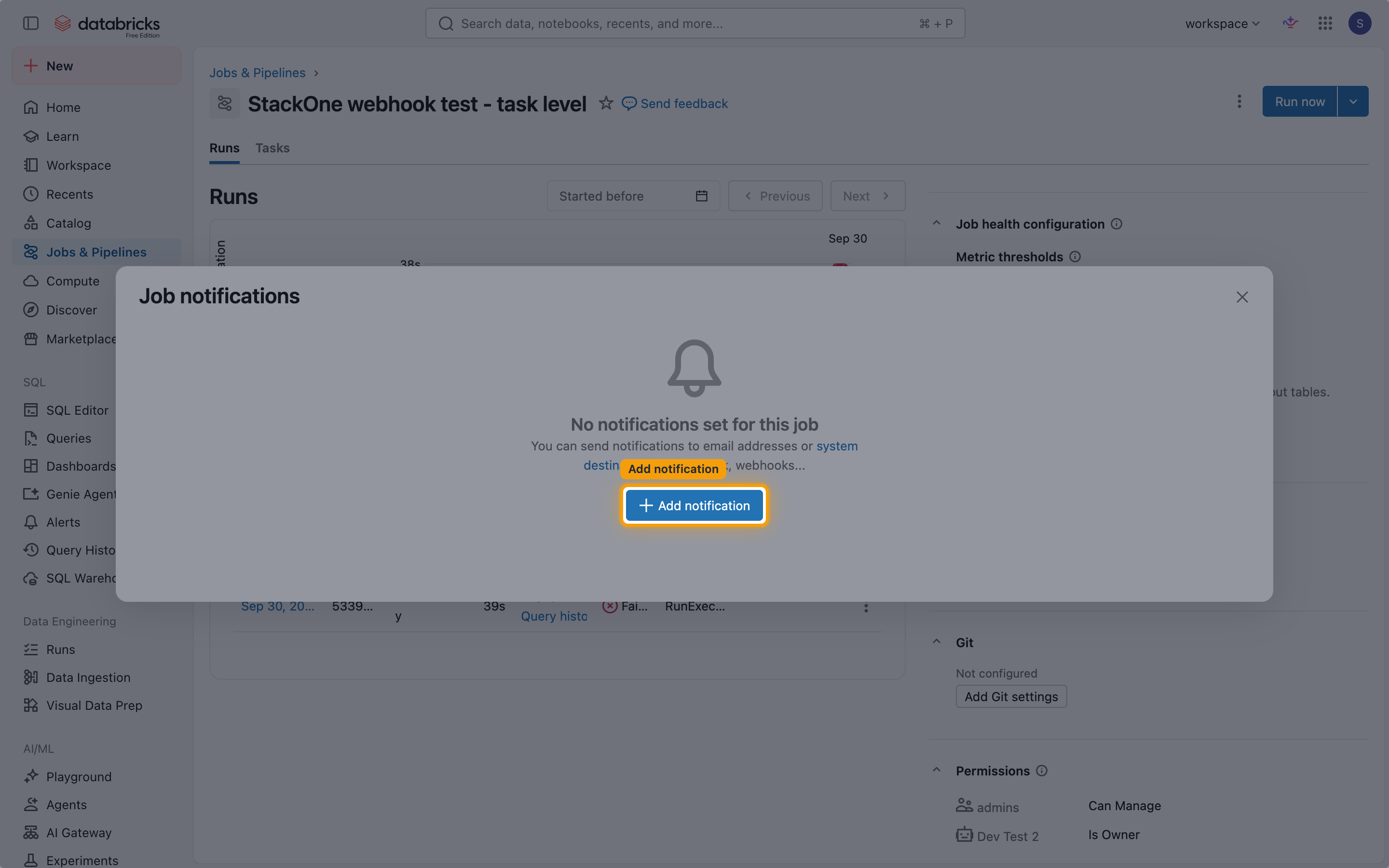 Job notifications dialog with the Add notification button highlighted
