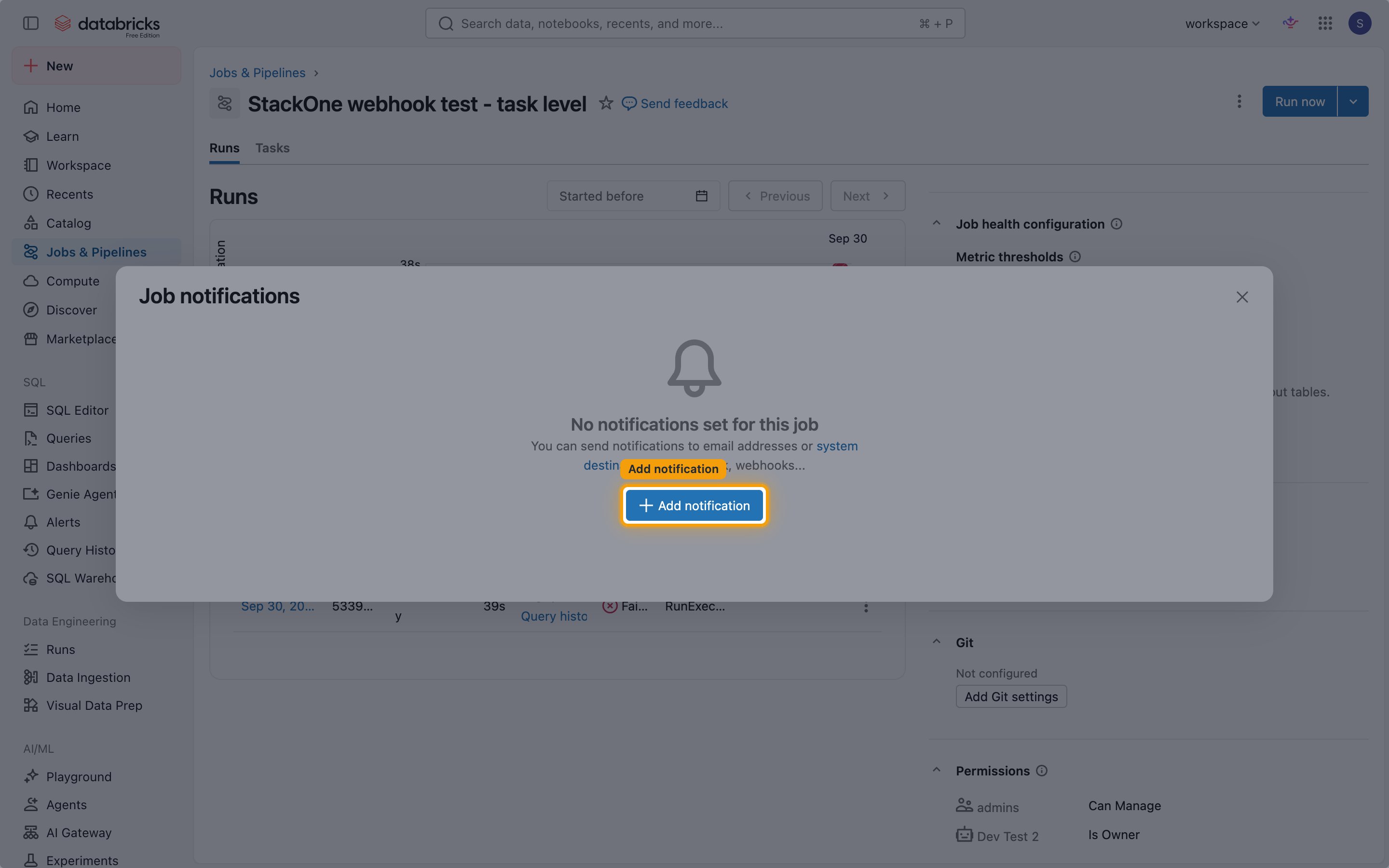 Job notifications dialog with the Add notification button highlighted