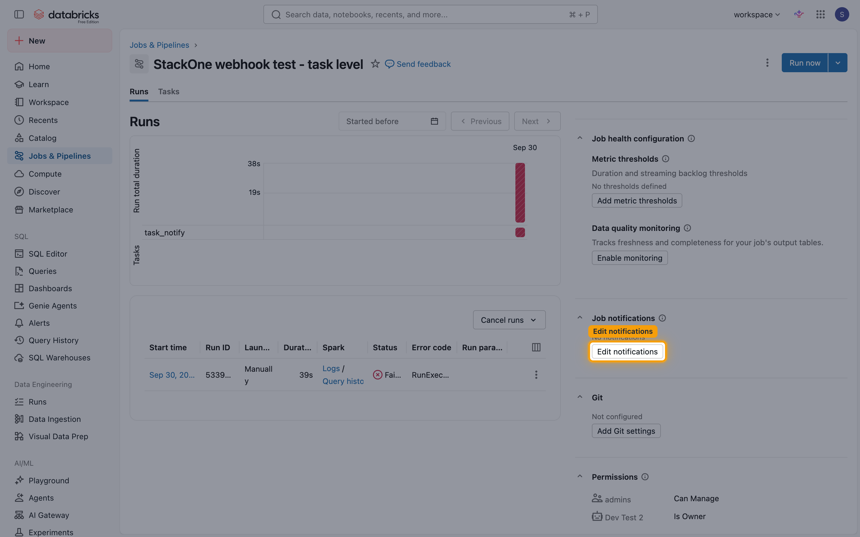 Job page with the Edit notifications button highlighted in the Job notifications panel