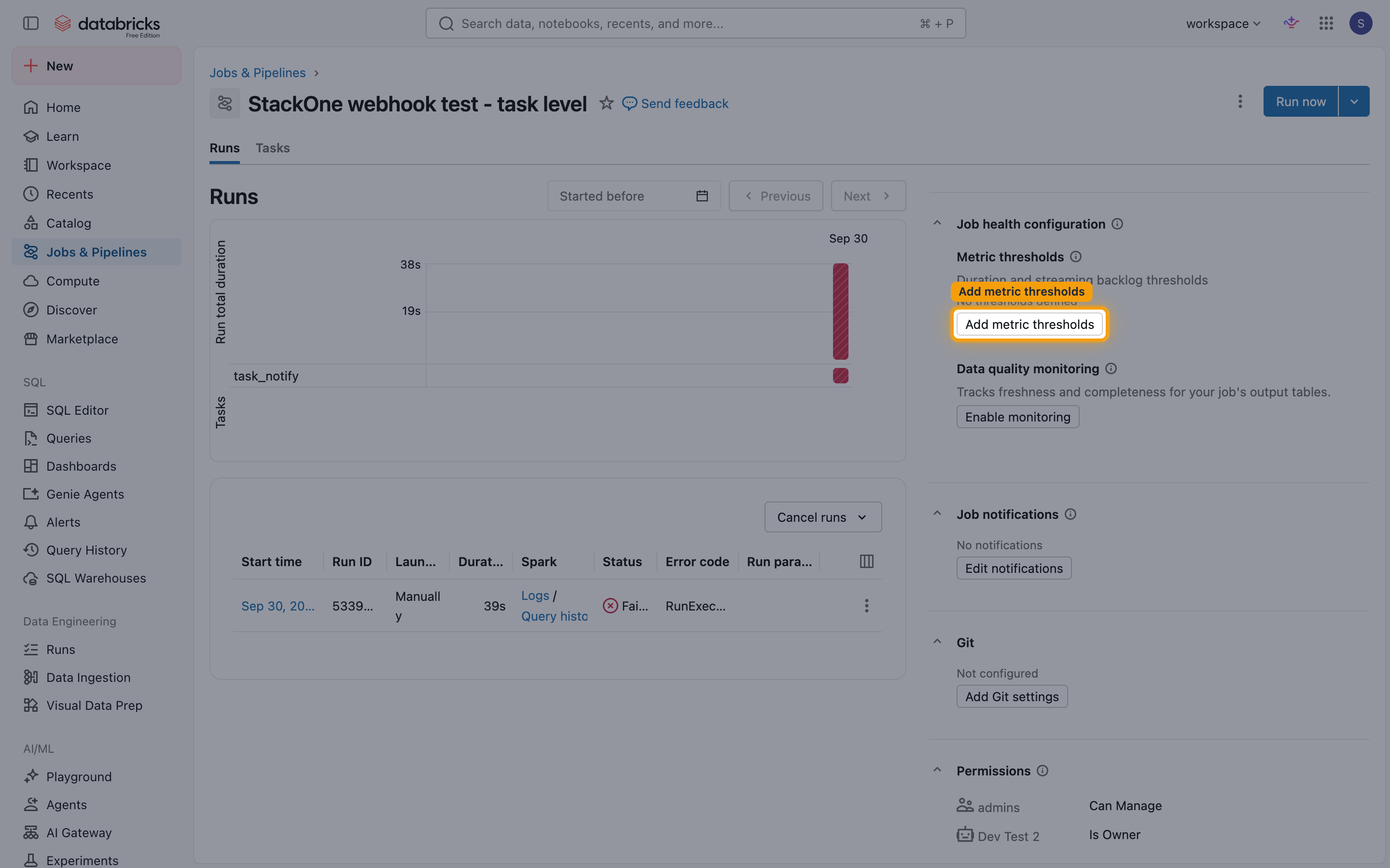 Job health configuration with the Add metric thresholds button highlighted