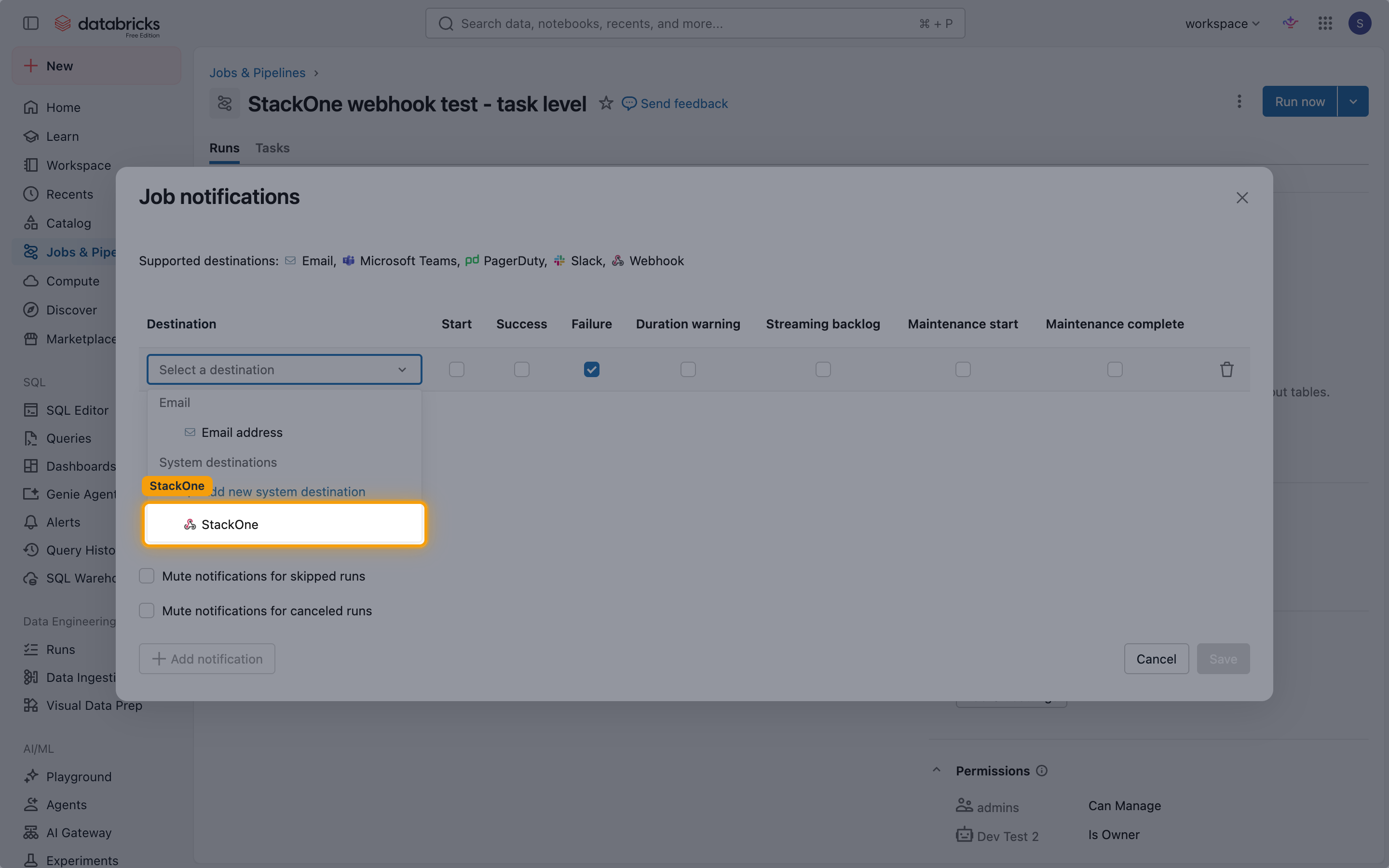 Destination dropdown with the StackOne system destination highlighted