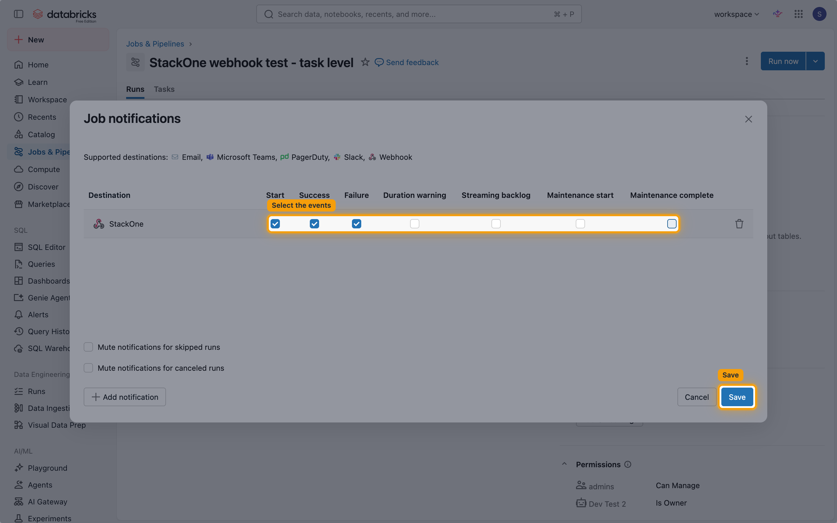 StackOne notification row with Start, Success, and Failure ticked and the Save button highlighted