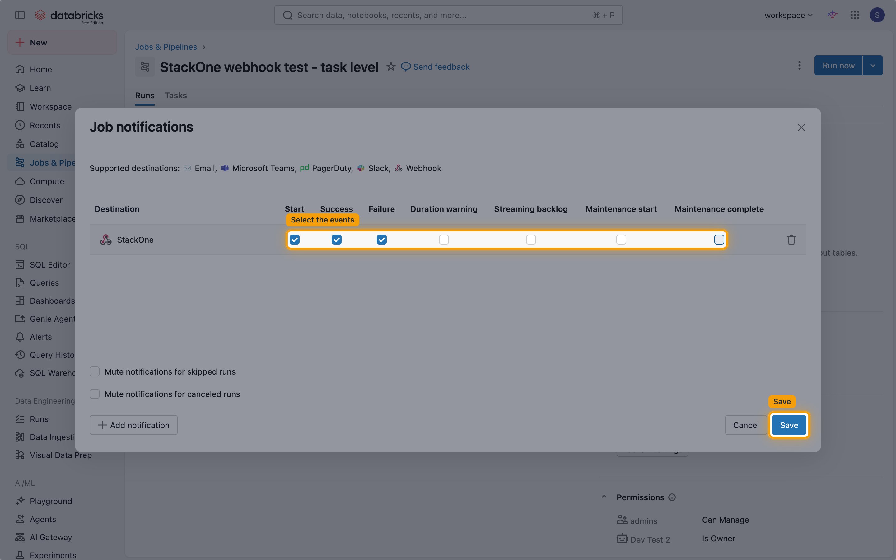 StackOne notification row with Start, Success, and Failure ticked and the Save button highlighted