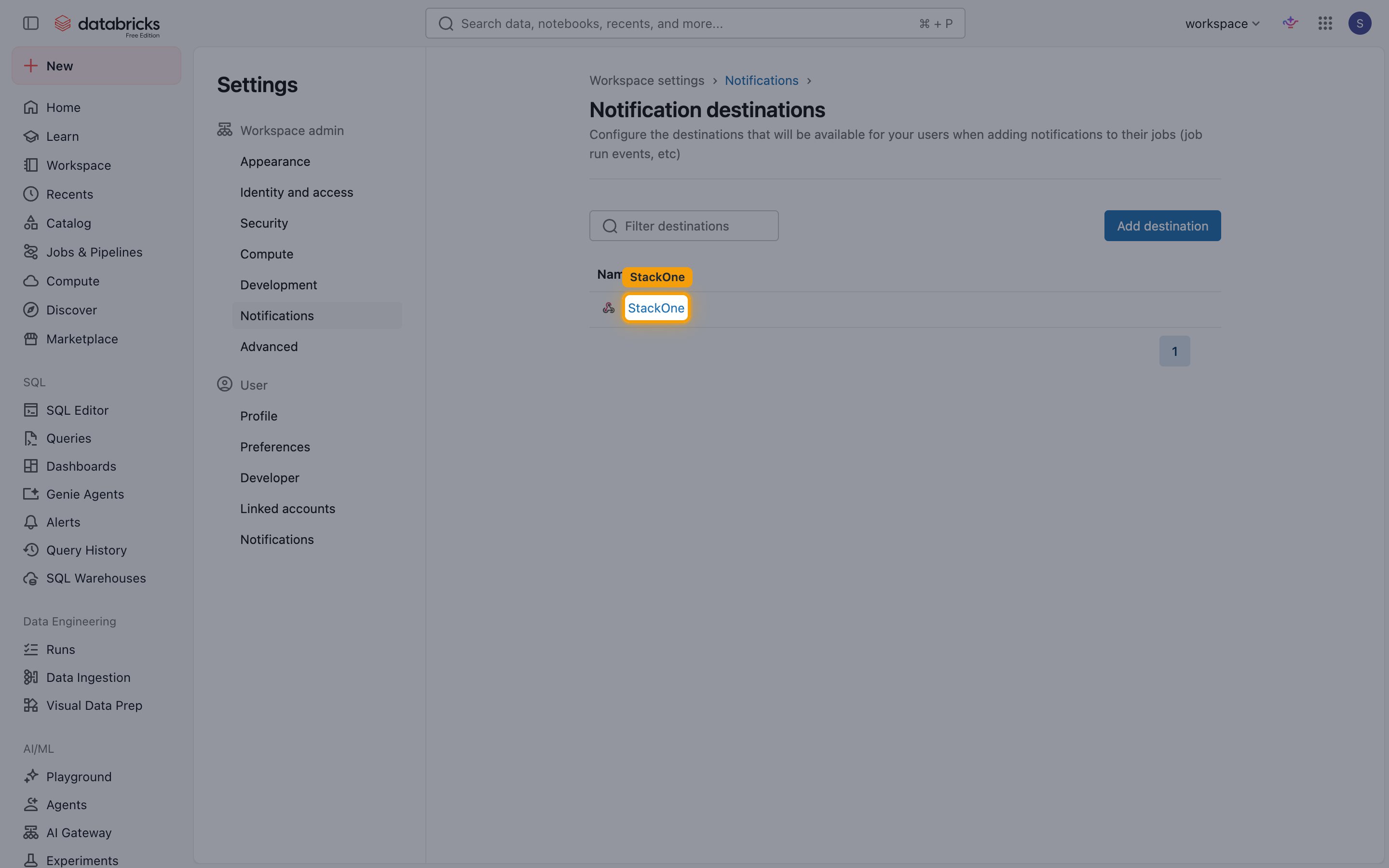 Notification destinations list showing the StackOne destination