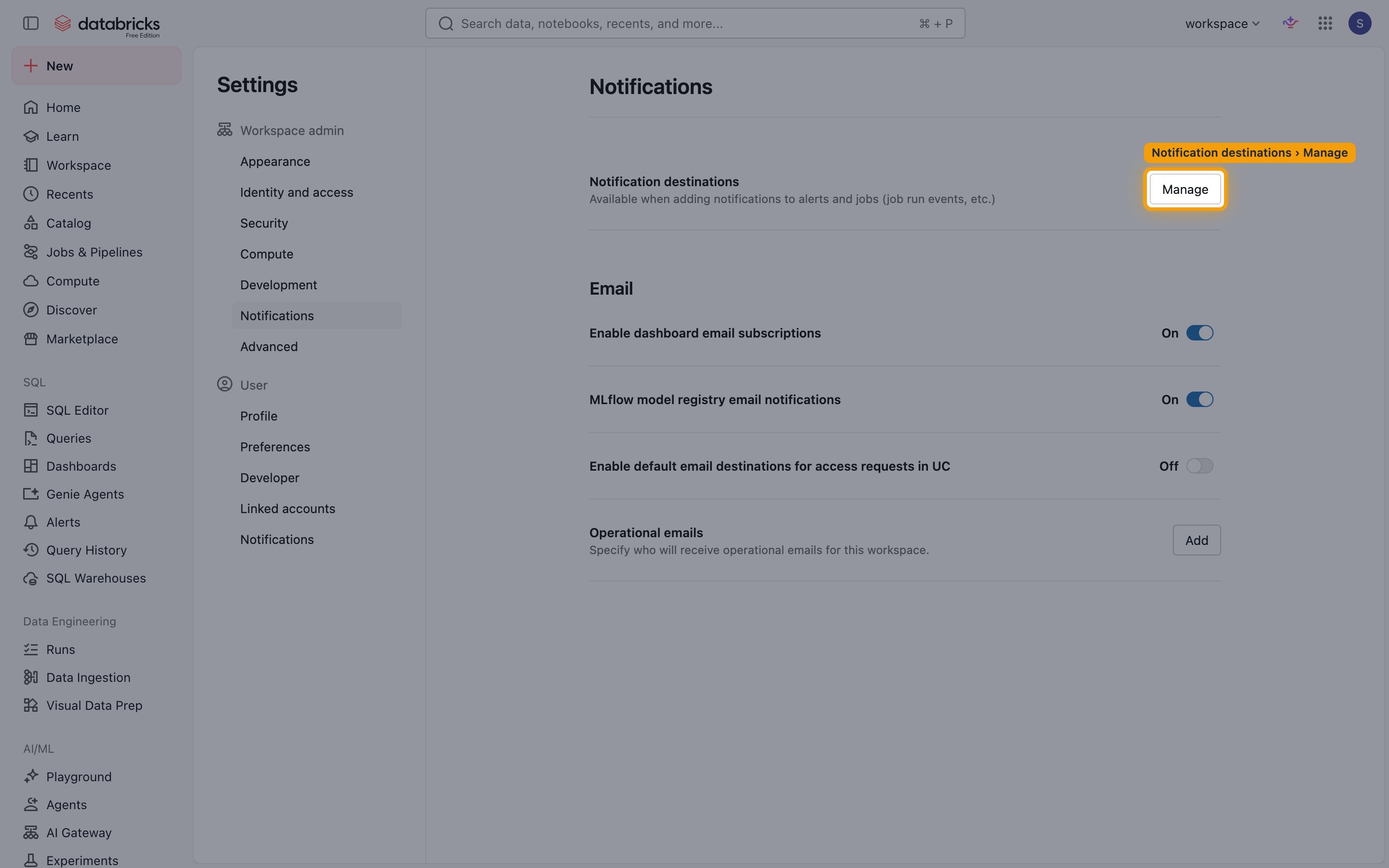 Notifications settings with the Manage button for Notification destinations highlighted