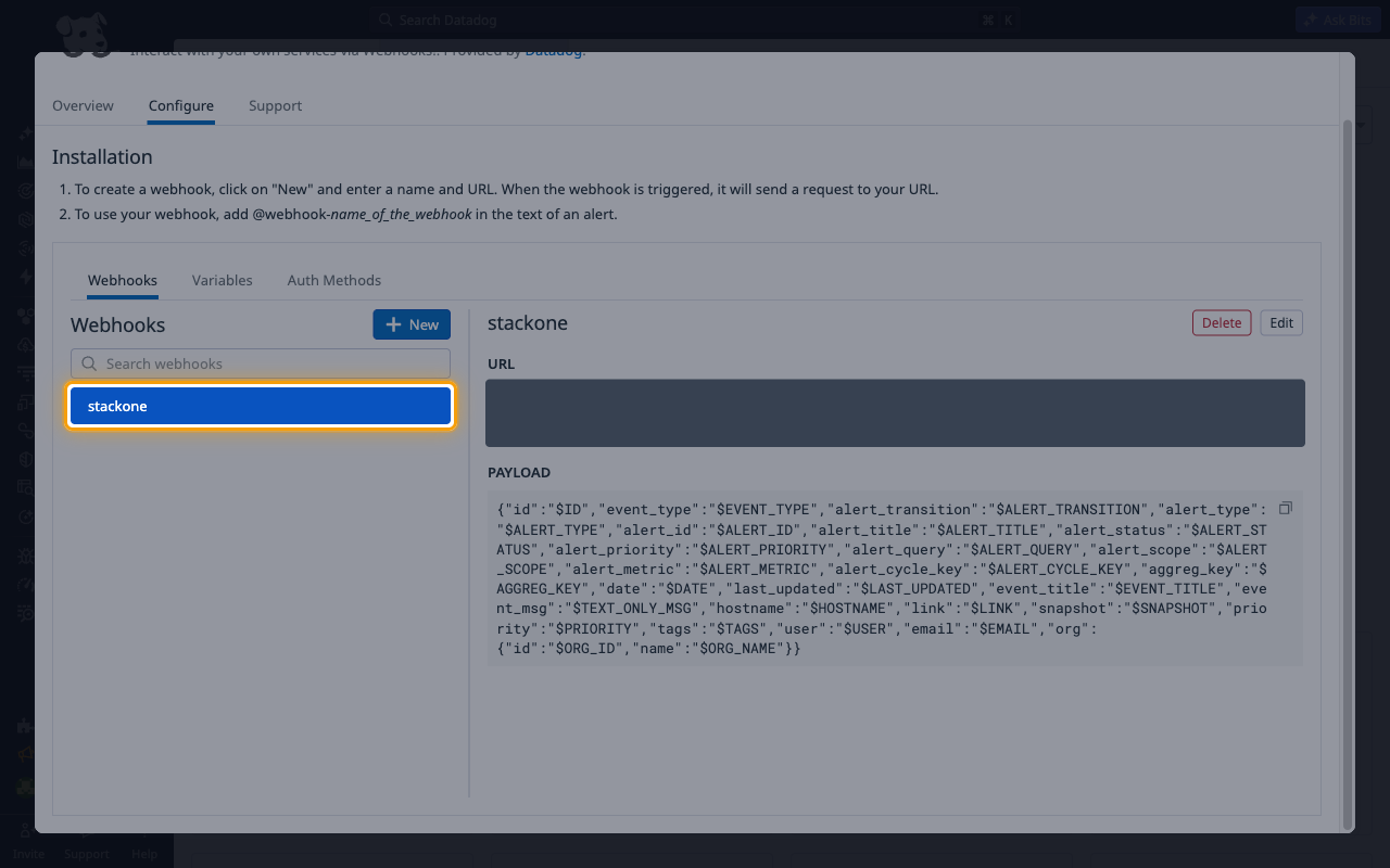 Datadog Webhooks integration Configure tab with the stackone webhook selected in the Webhooks list