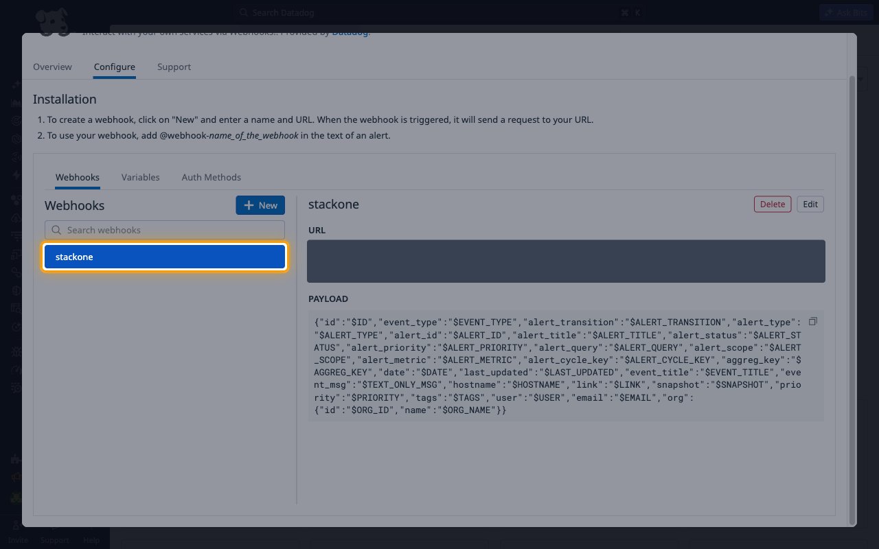 Datadog Webhooks integration Configure tab with the stackone webhook selected in the Webhooks list