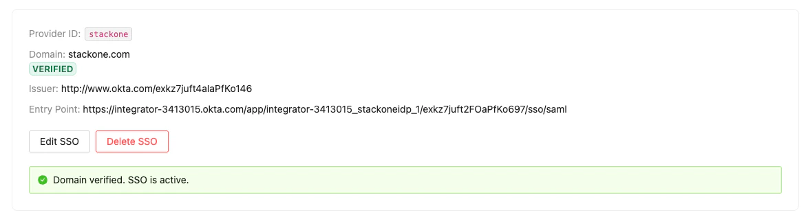 SSO provider card showing verified domain status