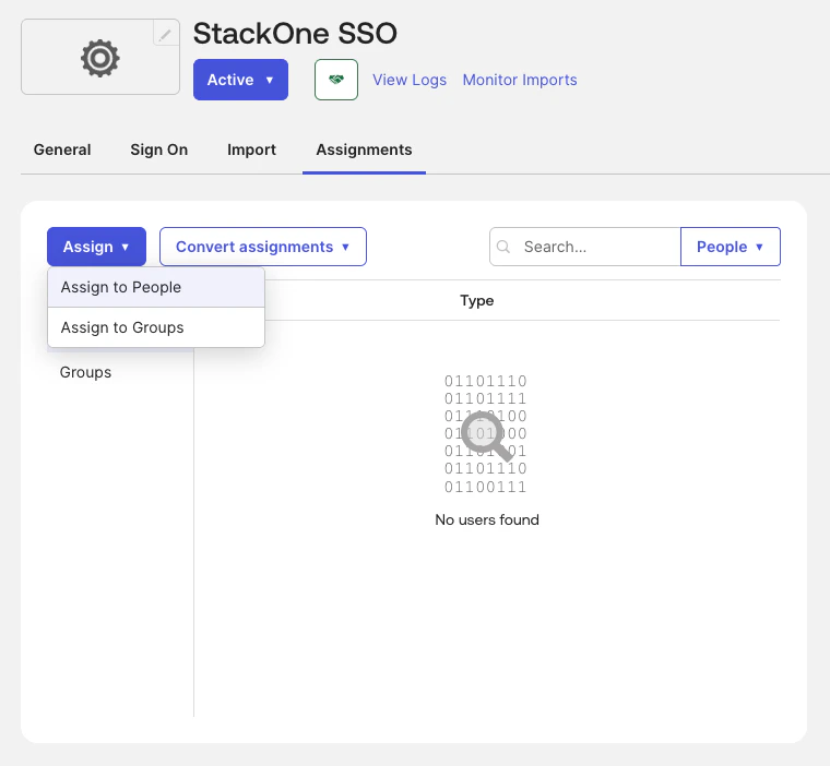 Okta Assignments tab for adding users to the SAML application