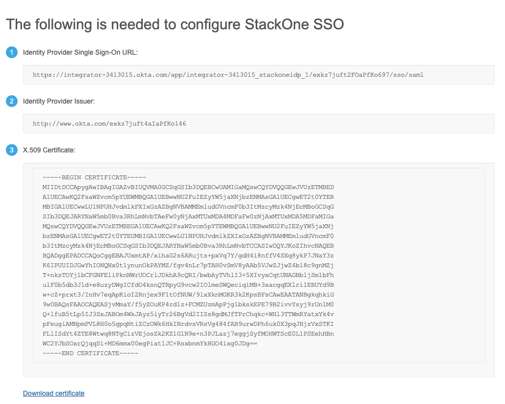 Okta Sign On tab showing IdP metadata and certificate